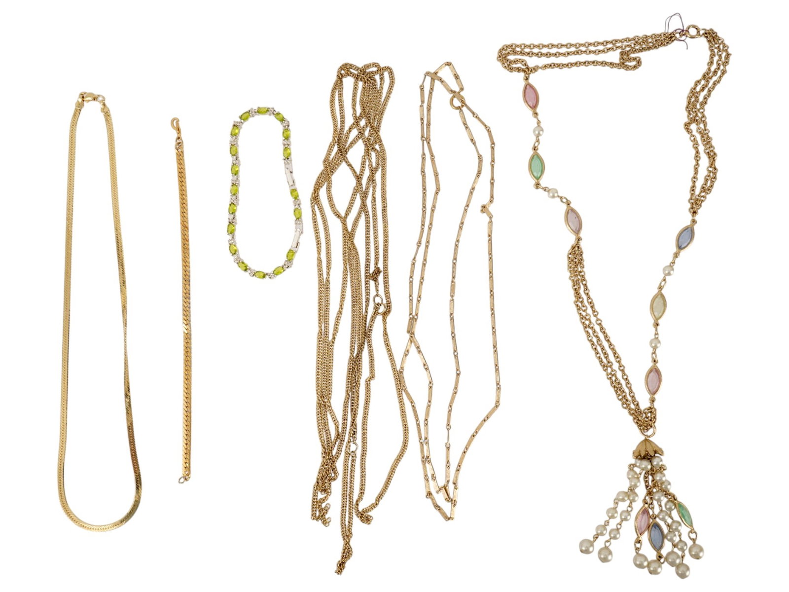 COLLECTION OF COSTUME JEWELRY NECKLACES BRACELETS: A collection of assorted jewelry items. The collection includes gold tone metal chains and necklaces in various lengths and styles. The collection includes a prominent statement piece accented with pa