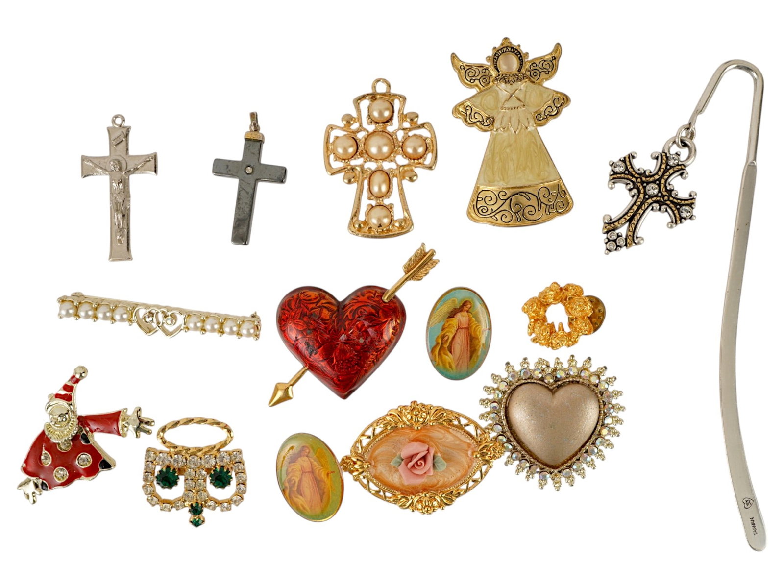 VINTAGE COSTUME JEWELRY ENAMEL ACCENTS AND FAUX STONES: A collection of vintage costume jewelry dating from the late 20th century, featuring a mix of gold- and silver-tone pieces with enamel accents and faux stones. Included are religious and angelic motif