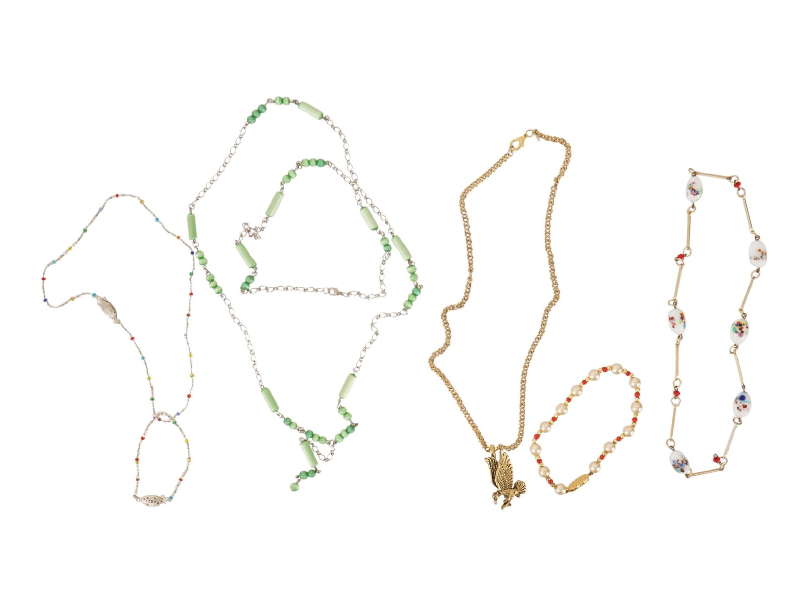 COLLECTION OF CHAIN AND BEADED COSTUME JEWELRY SETS: A collection of costume jewelry sets. The collection includes four necklaces and three matching bracelets. The wares are made in beaded and chain designs. One gold tone chain necklace is adorned with 