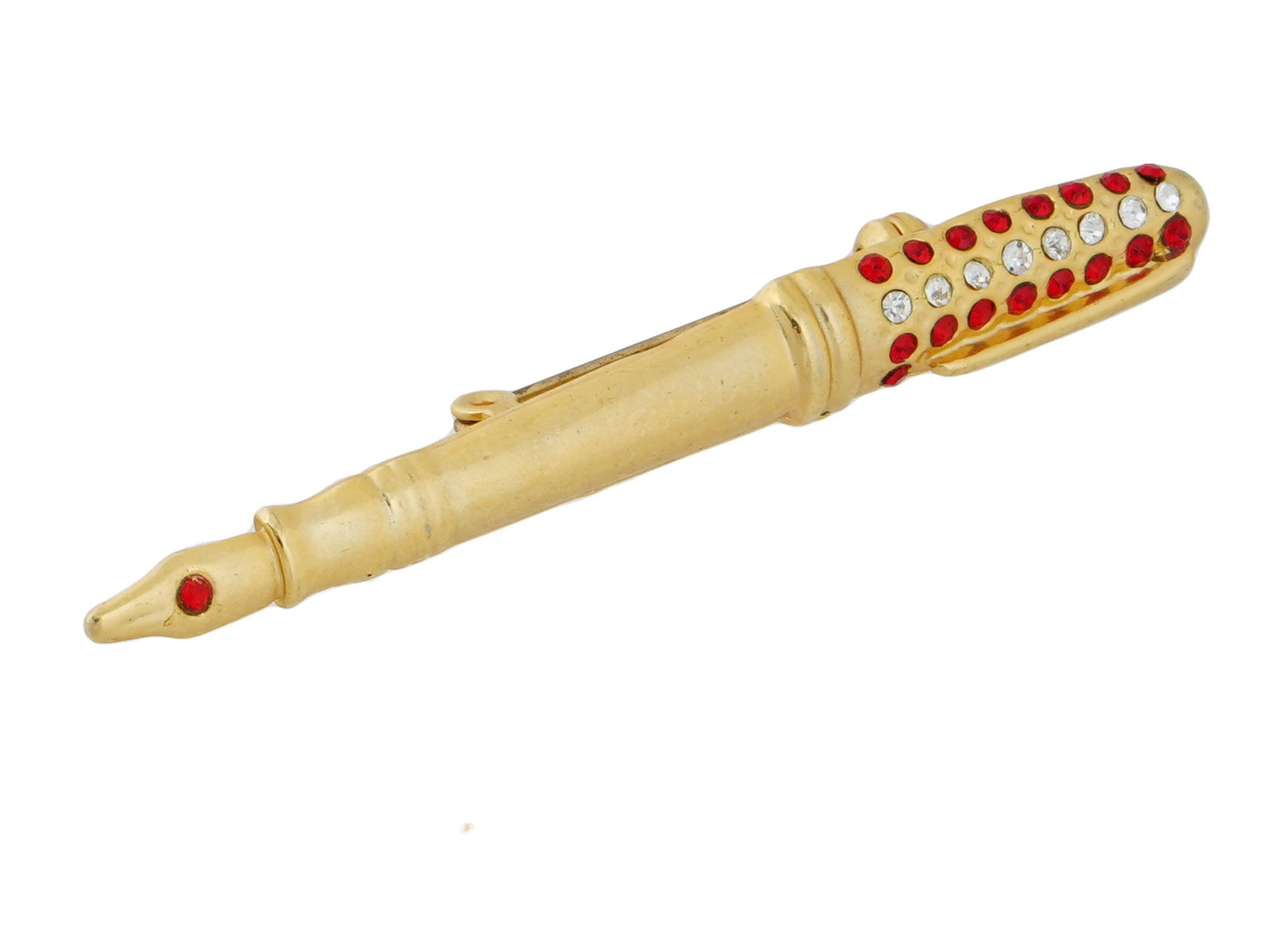 PEN DESIGN GOLD TONE COSTUME JEWELRY FIGURAL BROOCH: A costume jewelry brooch made in a figural design representing a pen. The brooch is encrusted with red and clear rhinestones. Unmarked. Vintage and Mid Century Ladies Costume Jewelry Wares and Accesso