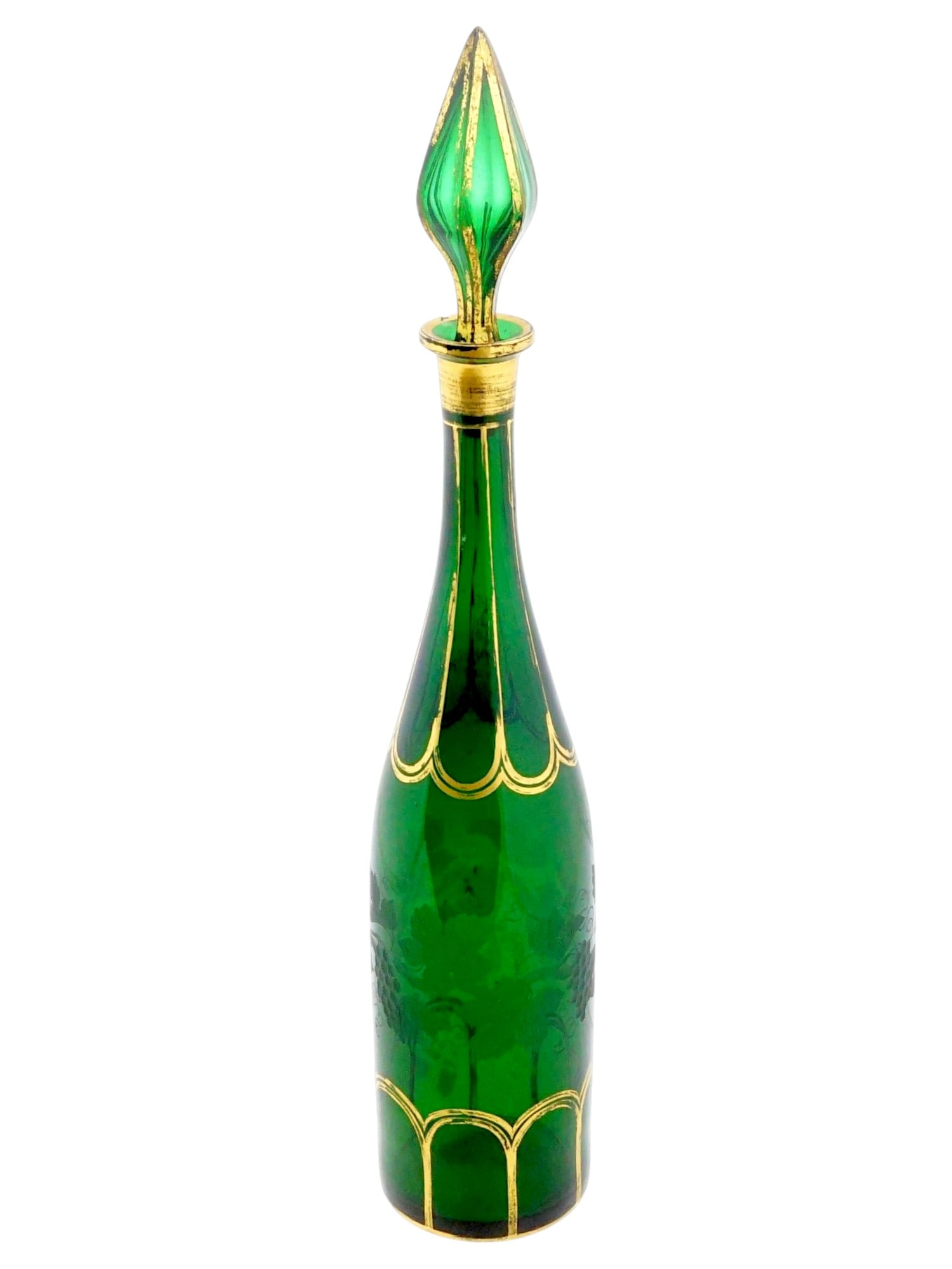 ANTIQUE BOHEMIAN GREEN GLASS WINE DECANTER WITH STOPPER: An antique Bohemian green glass wine decanter retaining its original matching spire-form stopper. Adorned with hand-painted gilt enamel arches and delicate gold pin-striping, while the central section