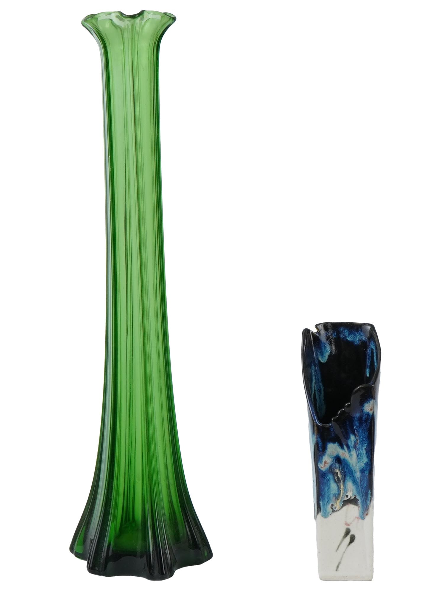 TWO VINTAGE DECORATIVE GLASS VASES CA 20TH C: A lot of two vintage decorative glass vases. Circa mid to late 20th century. The first item is a very elongated green glass berts vase with wavy edges. The second vase is in an abstract design in whit