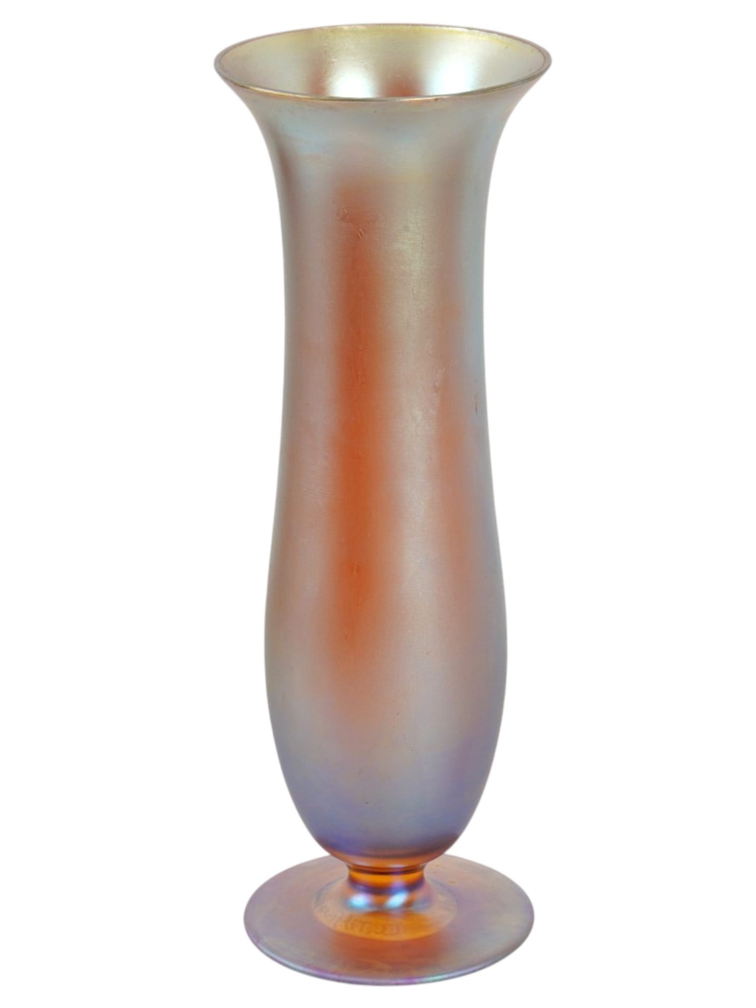 ART NOUVEAU TIFFANY STYLE FAVRILE GLASS VASE: Attributed to Louis Comfort Tiffany, American, 1848 to 1933, Favrile glass vase. Art Nouveau style piece. Elongated body with pronounced base in iridescent orange, yellow, and purple coloring. Etched 