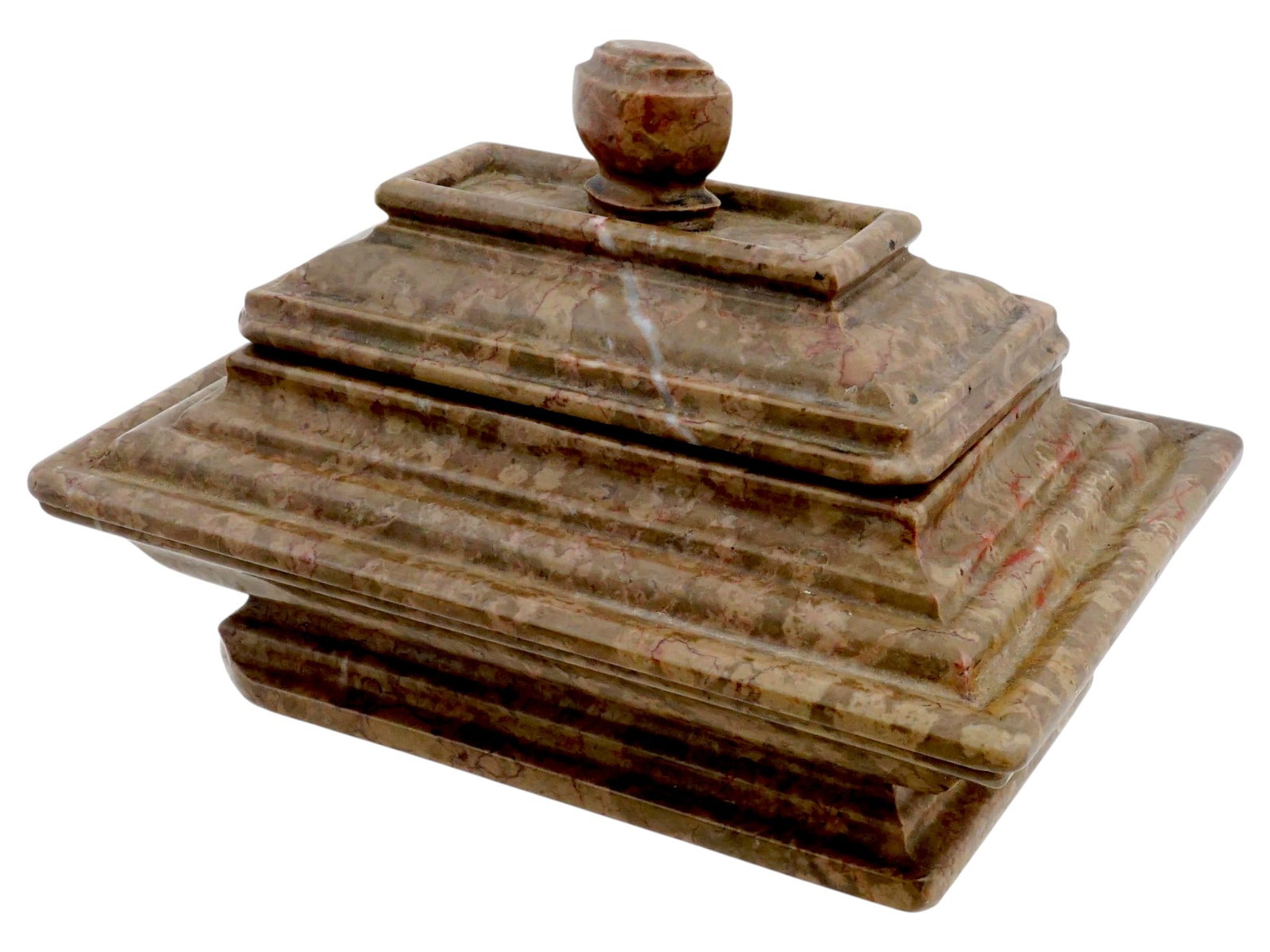 ANTIQUE ITALIAN NEOCLASSICAL GRAND TOUR MARBLE INKWELL: An antique Italian Neoclassical Grand Tour marble tomb-shaped inkwell. Carved from Giallo Antico marble, the inkwell features a distinctive tiered sarcophagus form with a stepped base and a matching l
