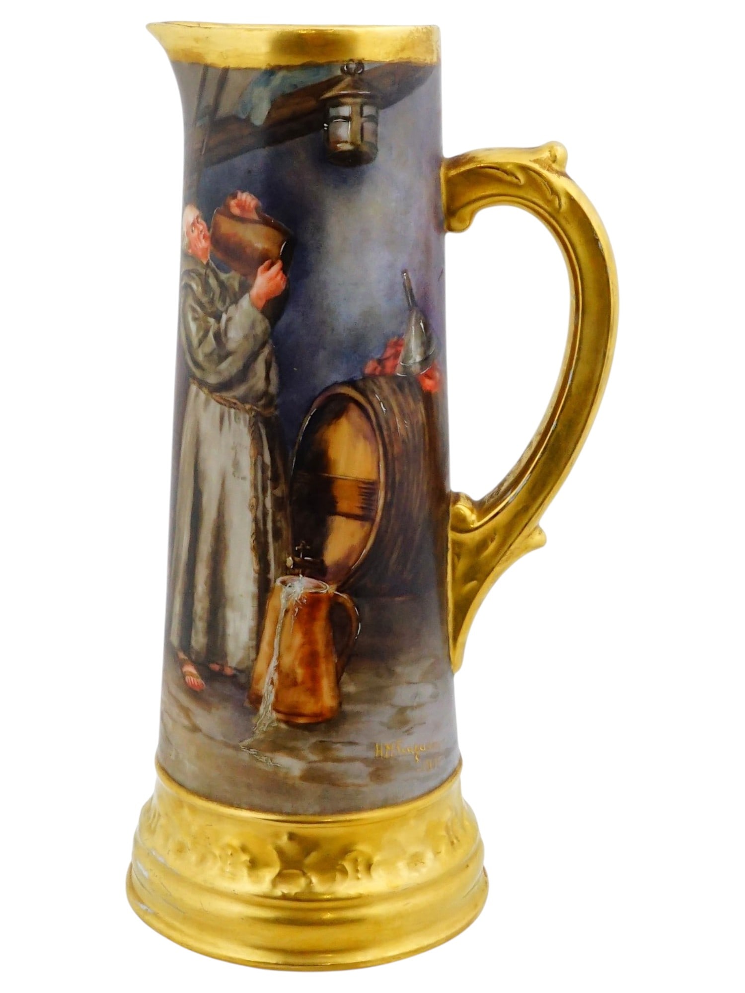 ANTIQUE TRESSEMANN AND VOGT LIMOGES PORCELAIN BEER JUG: An antique French Tressemann and Vogt Limoges hand-painted porcelain beer jug dating to the late 19th or early 20th century, decorated with a lively monastic tavern scene. Signed by the artist H.M.