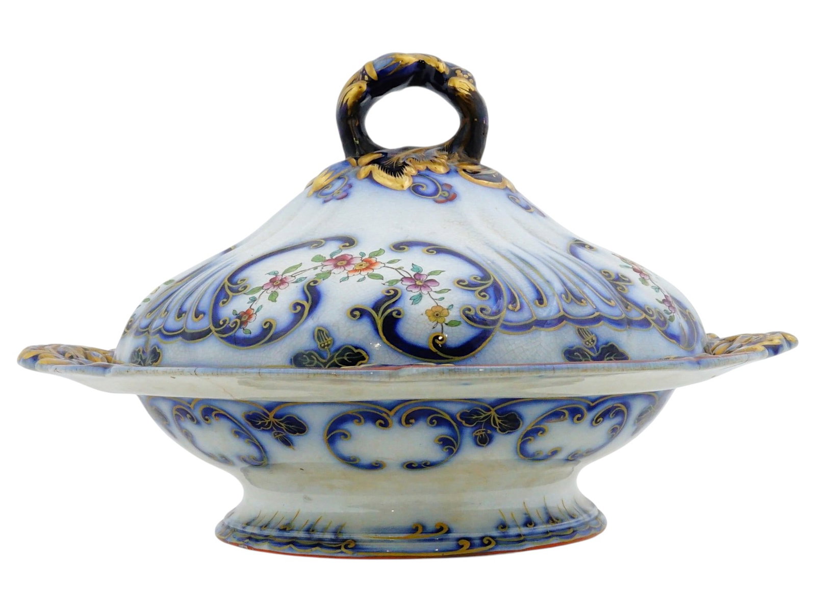 ANTIQUE VICTORIAN MINTON PORCELAIN COVERED TUREEN: An antique Victorian Minton porcelain covered tureen crafted in Staffordshire, England. The piece features a cobalt blue framework accented with hand-painted floral decoration in pink and orange