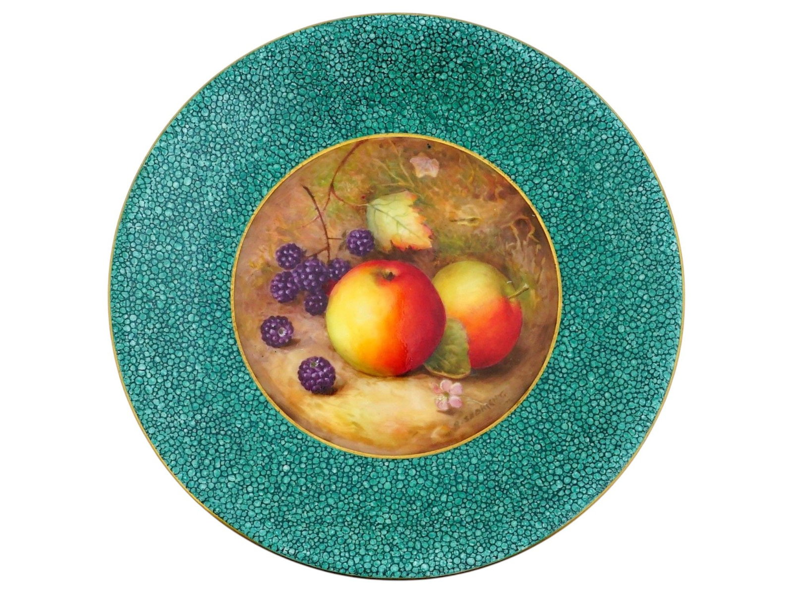 ENGLISH ROYAL WORCESTER PORCELAIN CABINET PLATE: An English Royal Worcester porcelain cabinet plate features a central hand-painted still life of peaches and grapes. Signed Richard Sebright, 1870 to 1951, lower right. The central medallion is