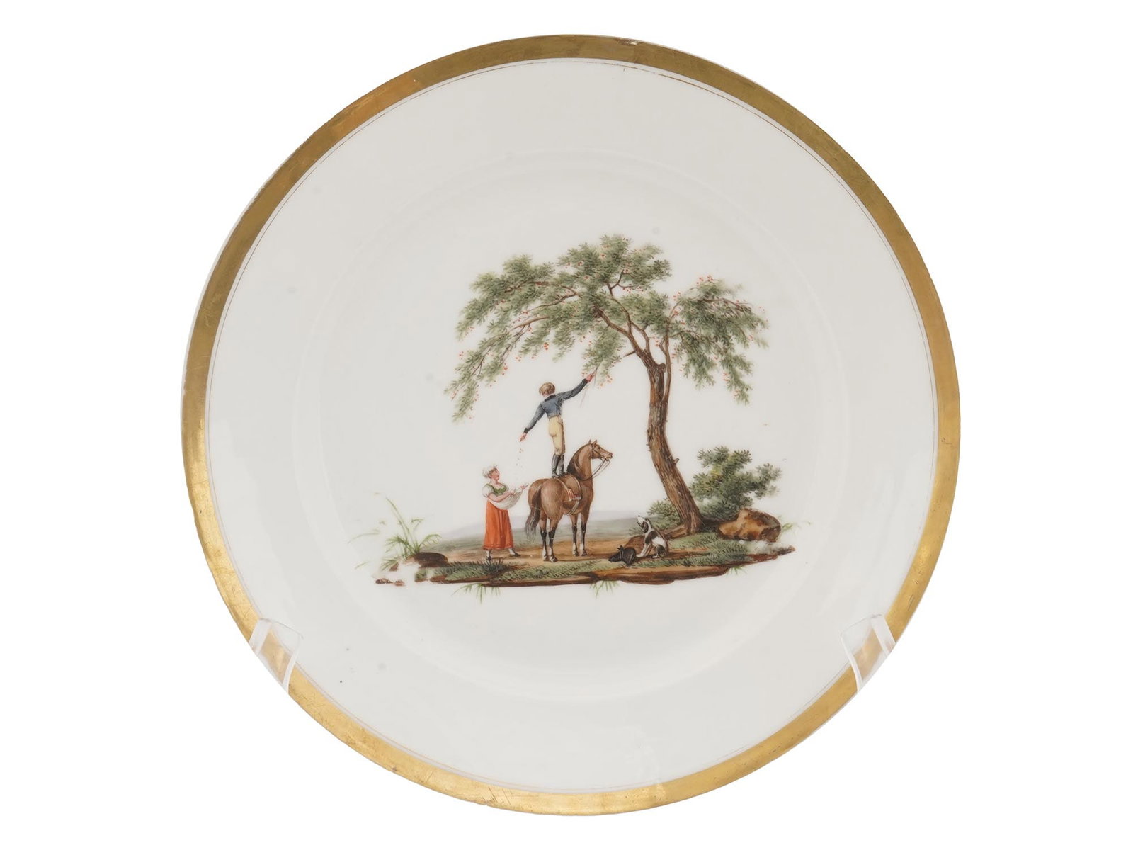 ANTIQUE DERBY KPM STYLE PAINTED PORCELAIN PLATE: An antique early Derby or KPM style porcelain plate. The plate is glazed and hand painted with an ironic scene with a berry picker man standing on a horse and a woman holding berries in her apron. A
