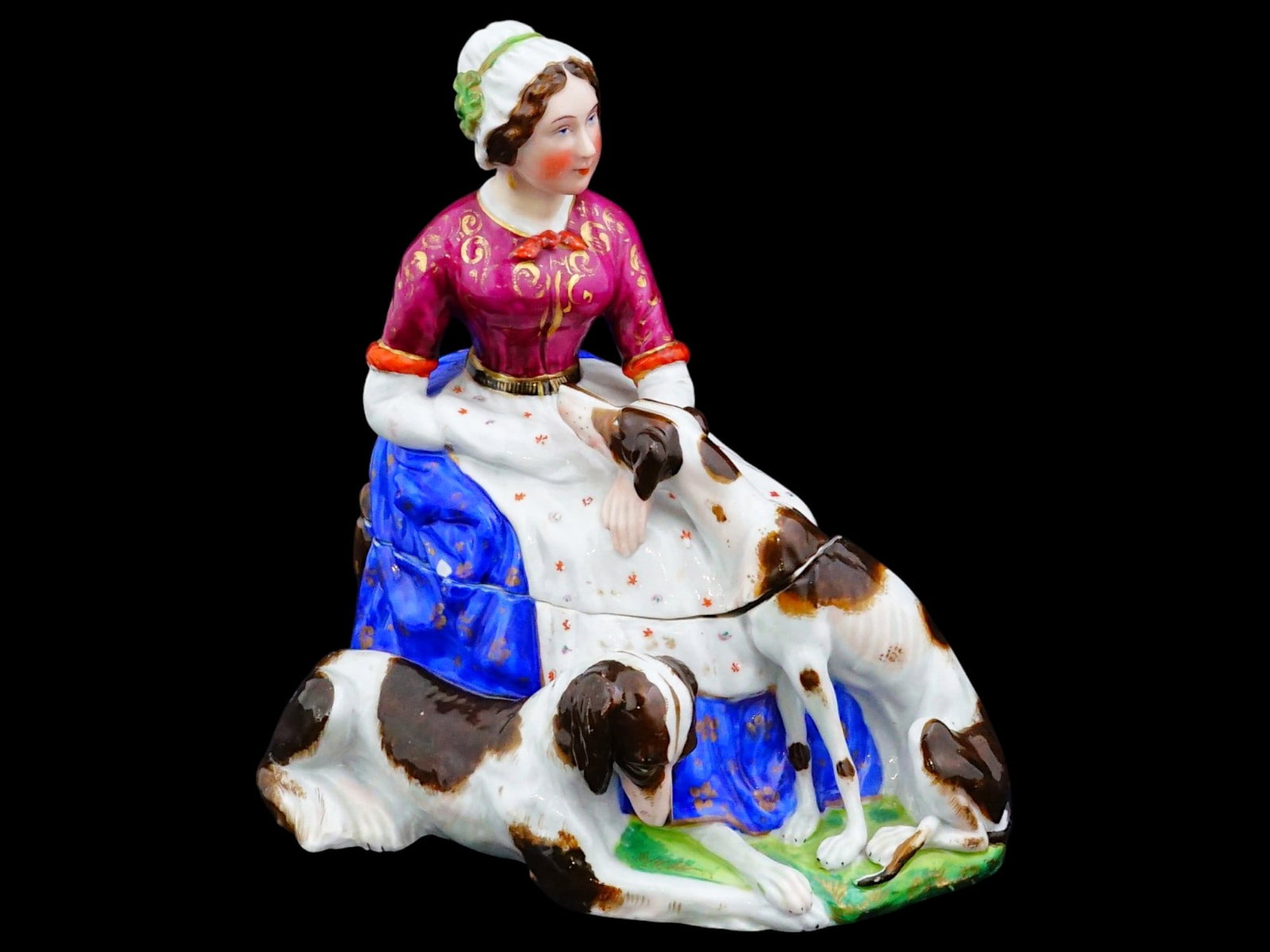 ANTIQUE VIEUX PARIS STYLE FIGURAL PORCELAIN INKWELL: A charming, mid-19th-century European figural porcelain inkwell, executed in the romantic "Vieux Paris" (Old Paris) style. The two-part desk accessory depicts a young woman in traditional pastoral