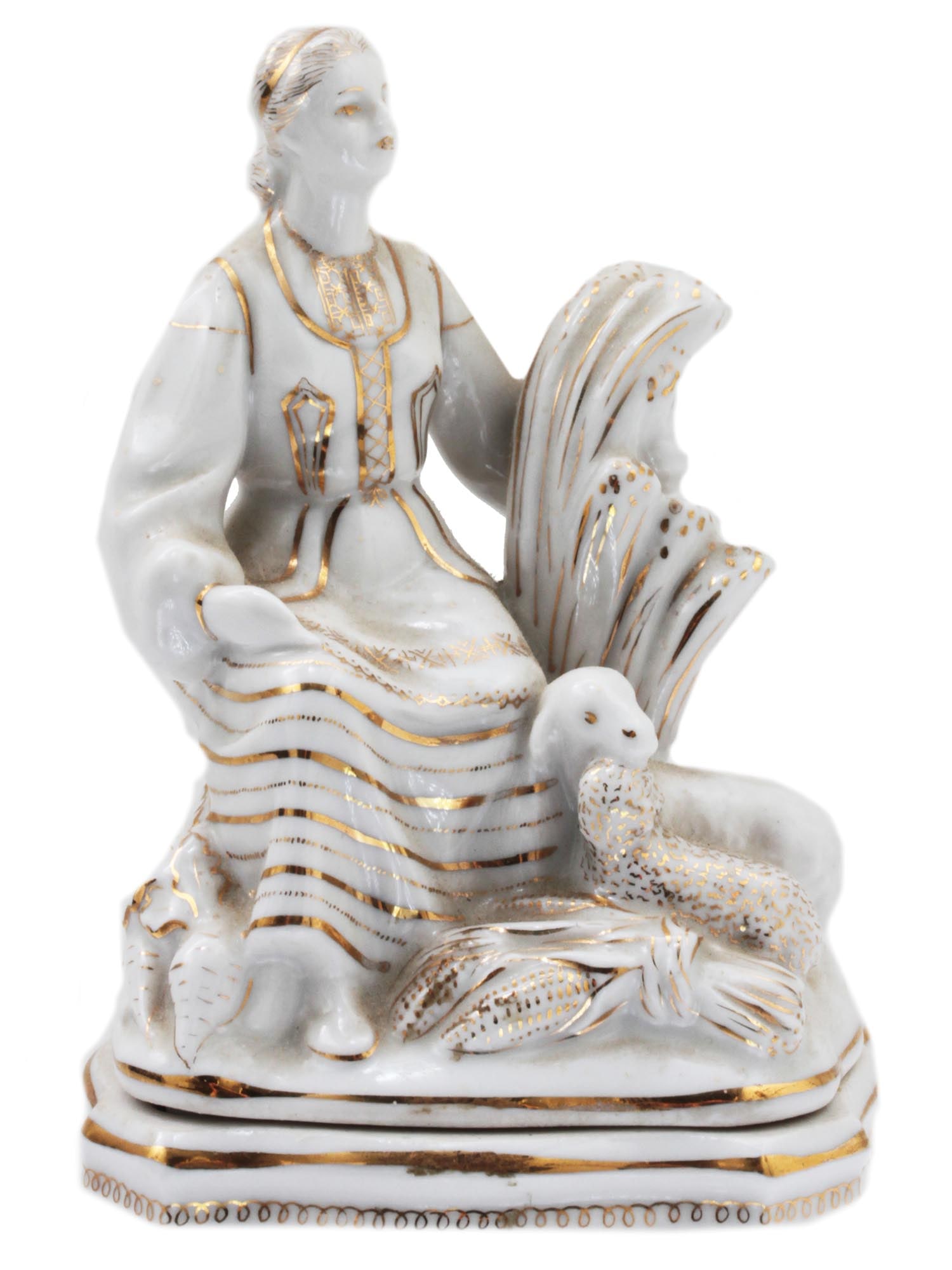 RUSSIAN SOVIET PORCELAIN FIGURAL JEWELRY BOX BY DULEVO: A vintage Russian Soviet era porcelain figural jewelry box by Dulevo. The box titled Belorussia was designed by sculptor Nina Malysheva, 1914 to 1983. Made by the Dulevo porcelain factory in the