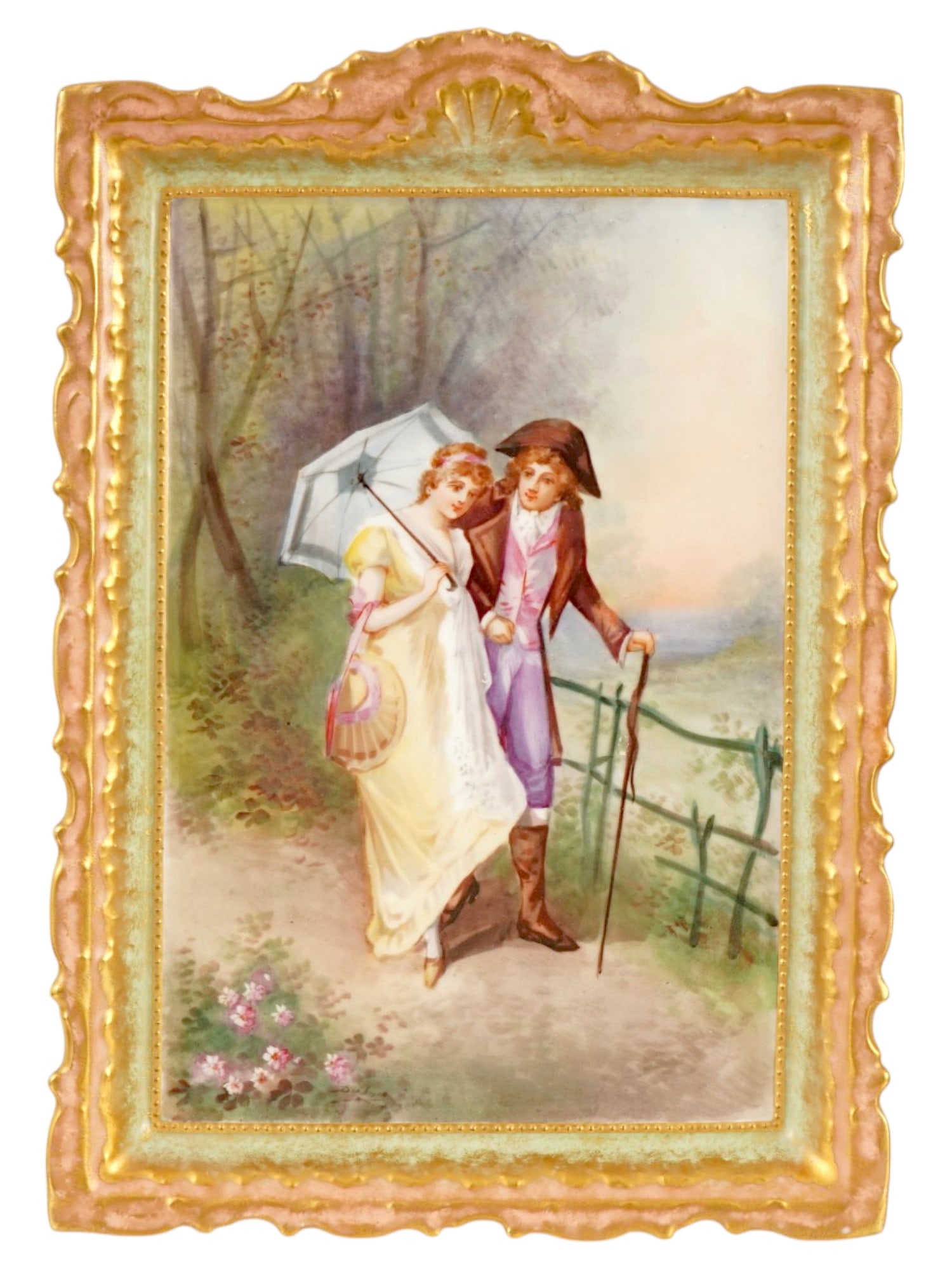 ANTIQUE FRENCH LIMOGES PAINTED PORCELAIN PLAQUE: An antique French Limoges hand painted porcelain plaque. Circa the late 19th to early 20th century. The painting depicts a romantic scene of two lovers walking, dressed in Victorian fashion. Marked