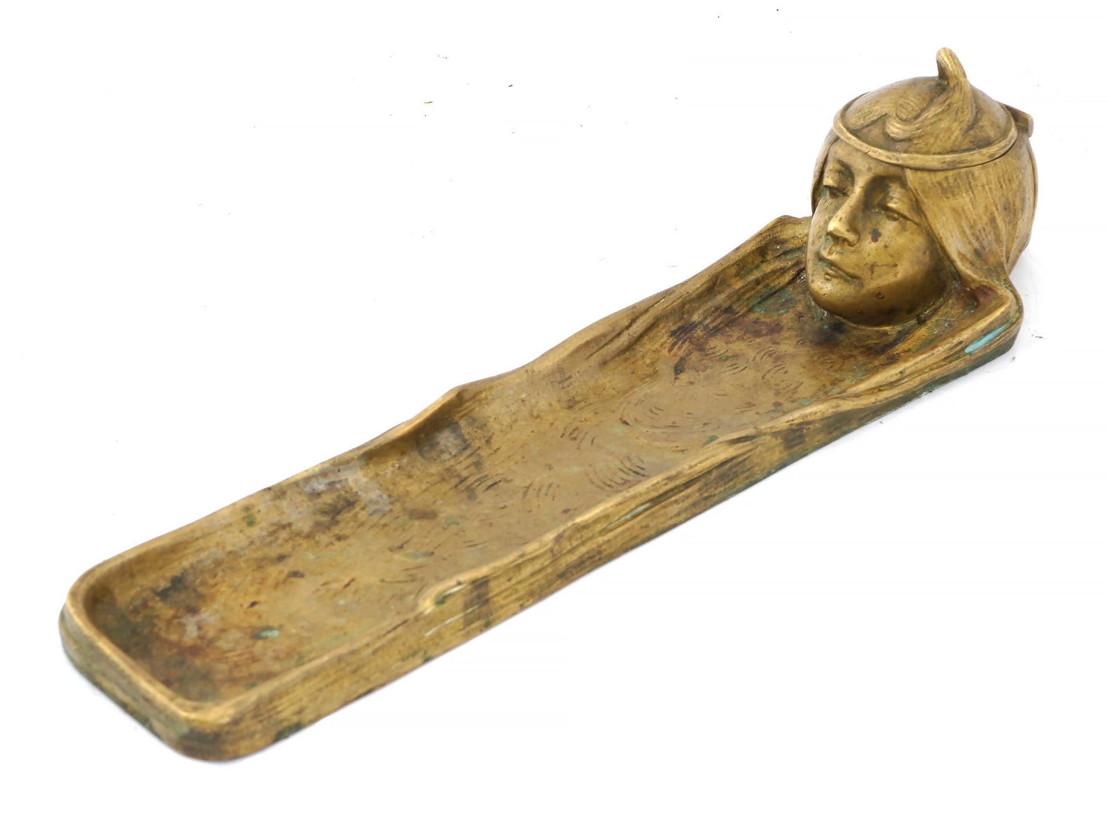 ART NOUVEAU BRONZE INKWELL MANNER OF GUSTAV GURSCHNER: A fine and rare antique Austrian Art Nouveau cast bronze inkwell with a pen tray in the manner of Gustav Gurschner, Austrian, 1873 to 1970. The inkwell is modeled as the head of a beautiful young maid