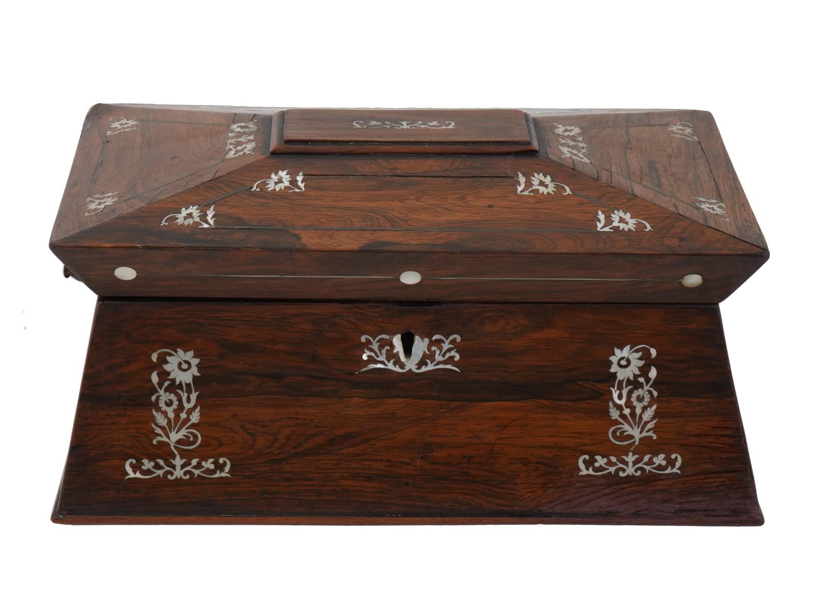 ANTIQUE AMERICAN WOOD AND MOTHER OF PEARL TEA CADDY (1 of 10)