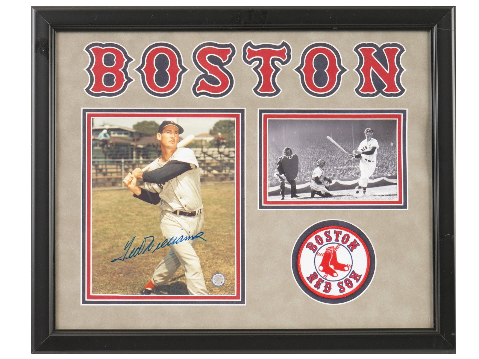 TED WILLIAMS AUTOGRAPHED PHOTO WITH COA: Boston Red Sox framed collage of two photographs of Teddy Ballgame, one is signed by the portrayed. Framed. The piece comes with a certificate of authenticity by GFA, Guaranteed Forensic Authenticator