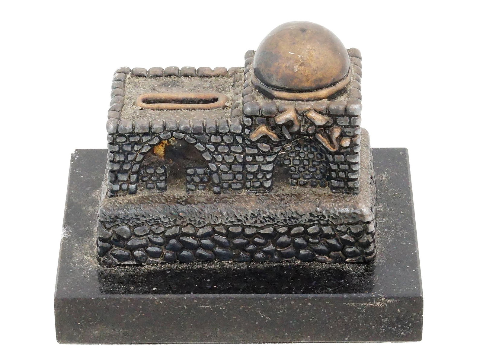JUDAICA RACHELS TOMB ST SILVER TZEDAKAH CHARITY BOX: A vintage sterling silver Tzedakah charity box in the shape of Rachels Tomb. Circa mid 20th century, 1950s. Mounted on a wide black marble base. Marked with 925 sterling silver standard on the side. M