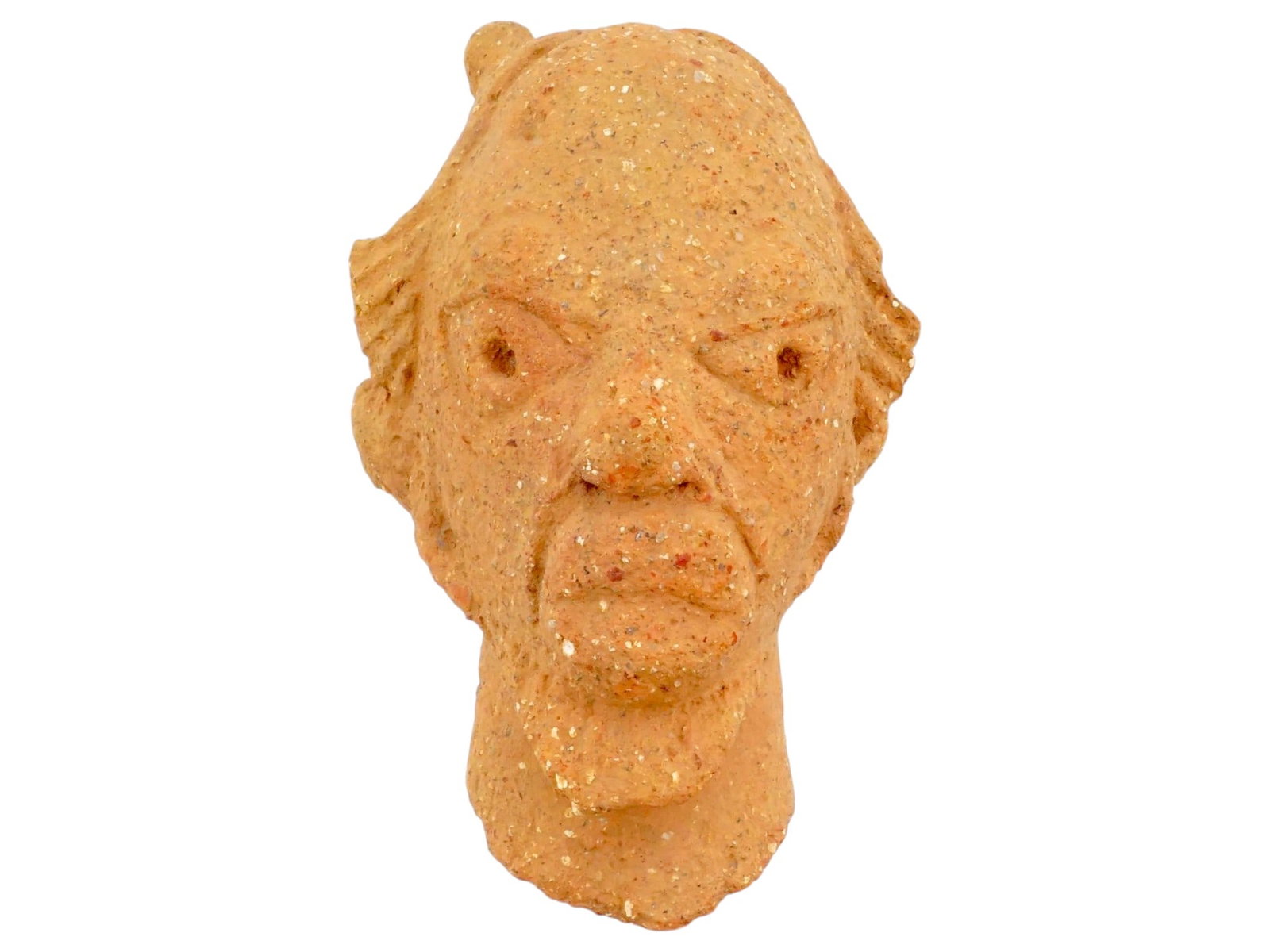ANCIENT AFRICAN NIGERIAN NOK TERRACOTTA SCULPTURE: An ancient African Nok culture of Nigeria terracotta sculpture of a mans head with a stylized hairstyle and large facial features, dating from a span of time between ca. 200 BC to 200 AD. The Nok cult