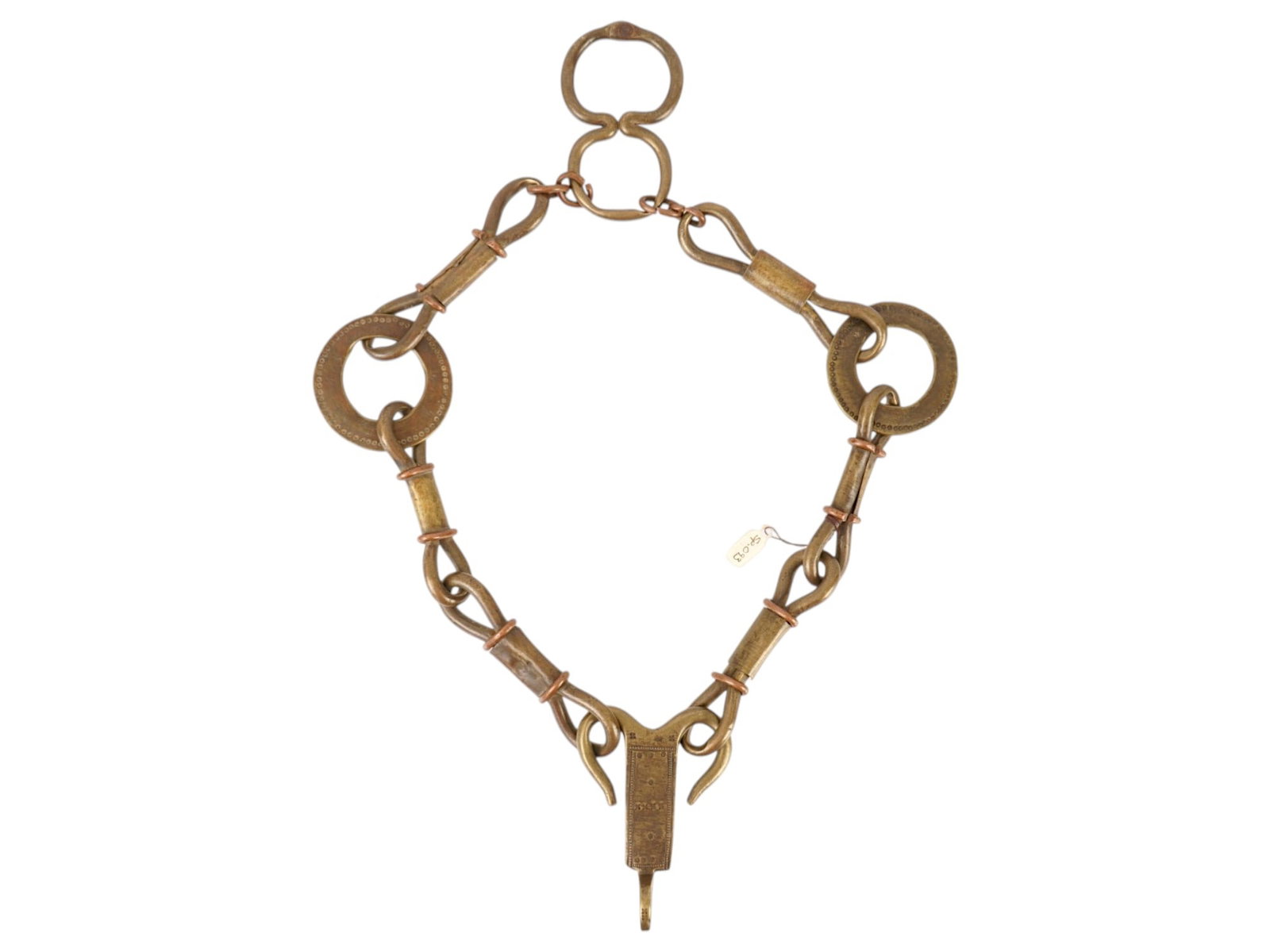AFRICAN MOSSI PEOPLE HAND FORGED BRONZE NECKLACE: A hand-forged African bronze necklace featuring a ceremonial horse harness element associated with the Mossi people of Burkina Faso, where horses long symbolized rank, prestige, and authority. The pie