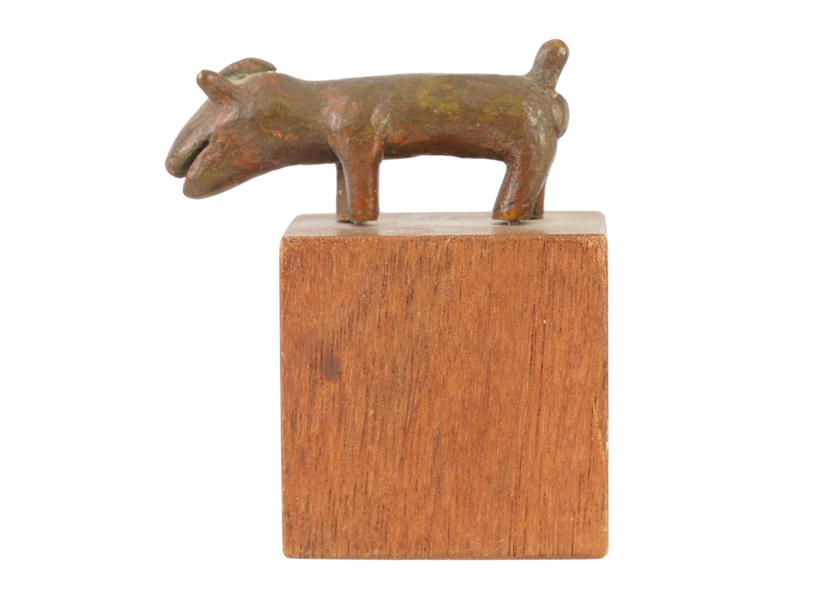 AFRICAN BRONZE ANIMAL FIGURINE WILD BOAR OR WARTHOG: An African bronze animal figurine, depicting a wild boar or warthog, mounted on a wooden base. Such small-scale castings are characteristic of West African art, particularly associated with the Akan o