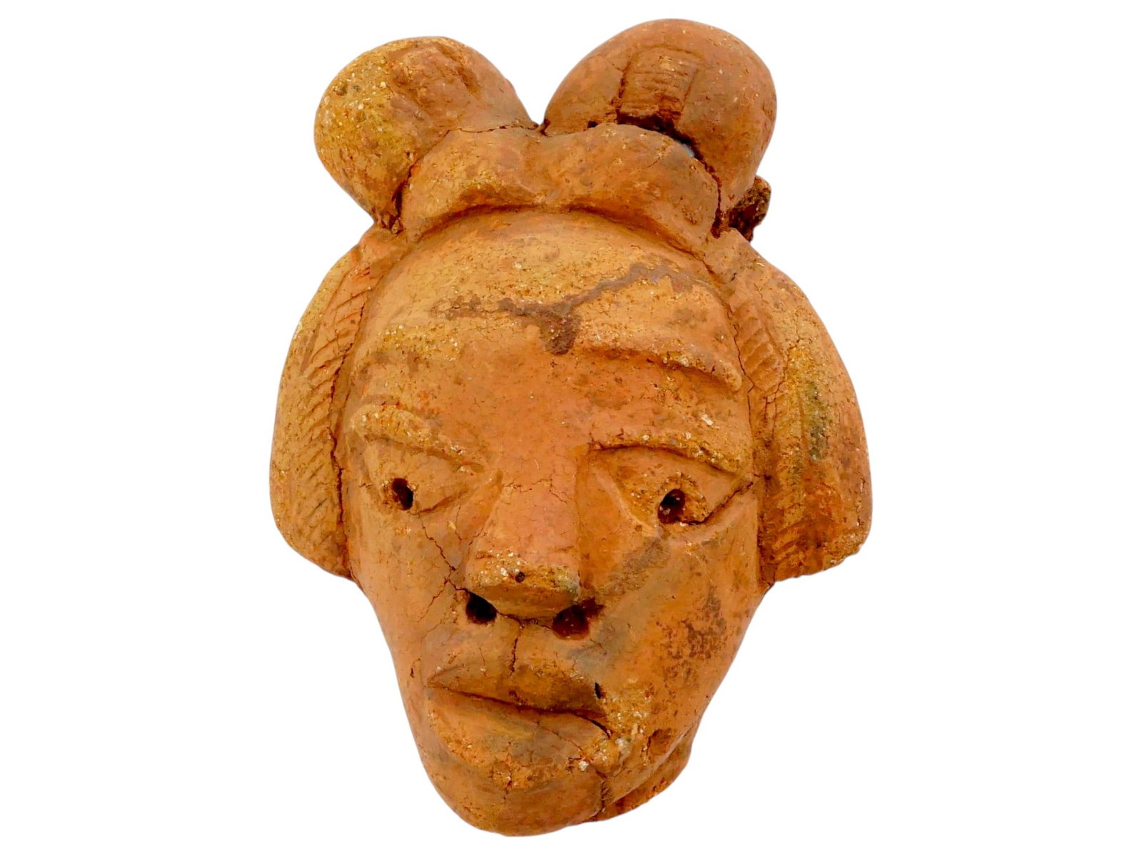 ANCIENT NIGERIA NOK CULTURE TERRACOTTA HEAD SCULPTURE: An ancient African terracotta head sculpture from the Nok culture of Nigeria, dating from 200 BC to 200 AD. Showcases the Noks distinctive artistic style, with large, almost triangular eyes featuring 