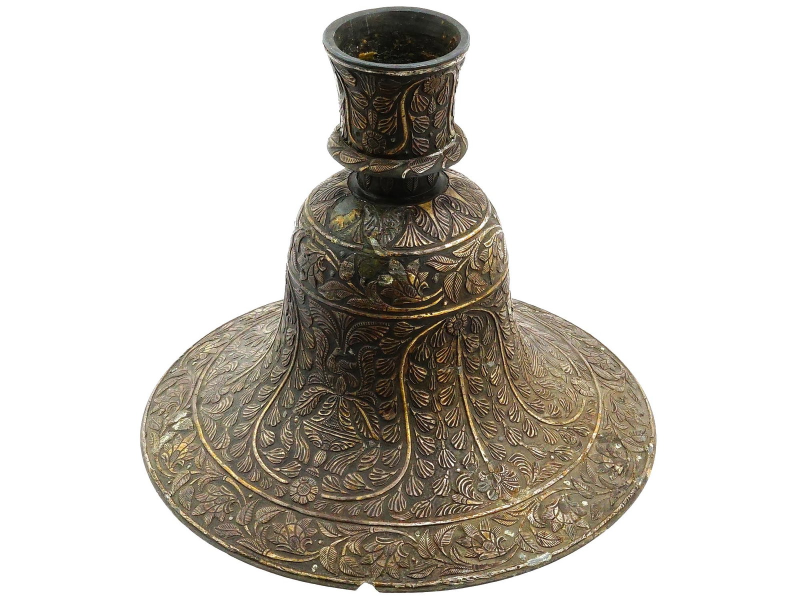 ANTIQUE 19TH C INDIAN STEEL AND BRASS HOOKAH BASE: An antique 19th century Indian hookah base, crafted from steel and brass. The base has a flared, bell shaped design that is intricately engraved with floral and foliate patterns. The upper section is 
