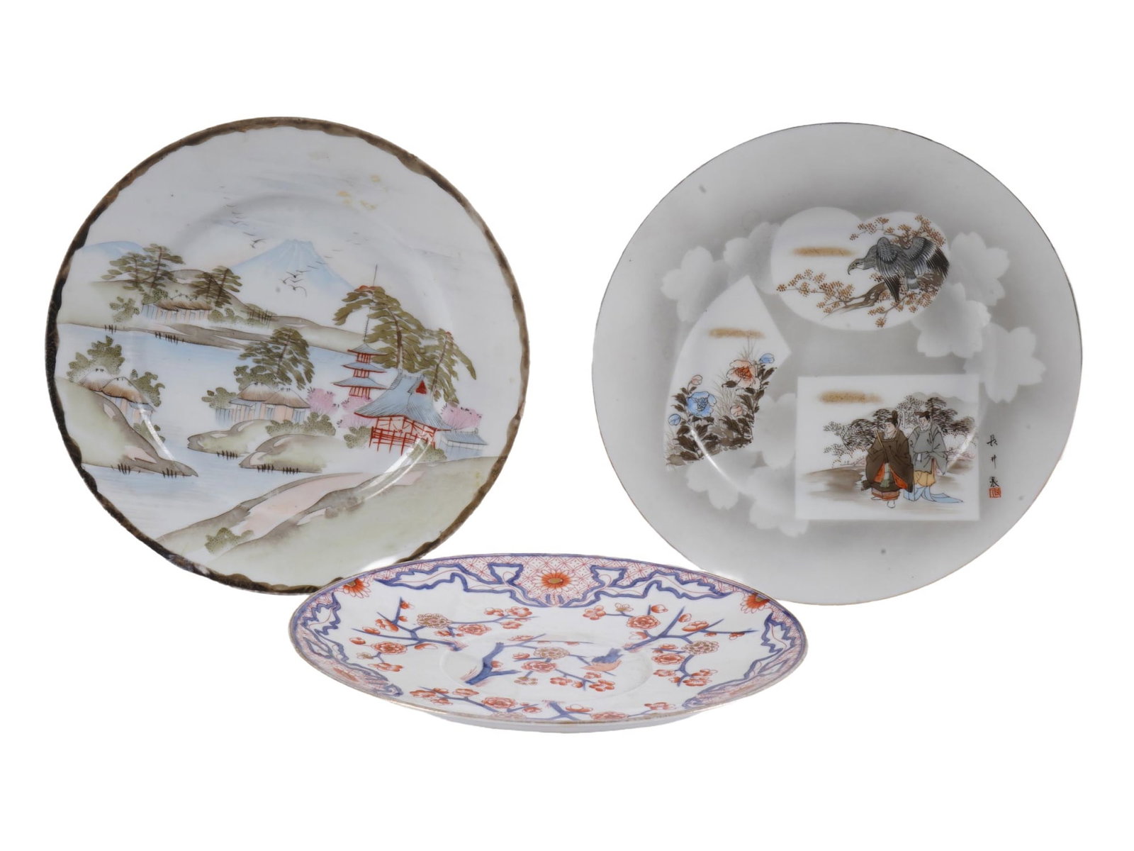 LOT OF VINTAGE JAPANESE AND FRENCH PORCELAIN PLATES: A lot of 3 vintage porcelain dinner plates. A Japanese plate with hand-painted landscape, signed on the backside. A Japanese plate with a floral and multi-figure composition, unmarked. A French Japoni