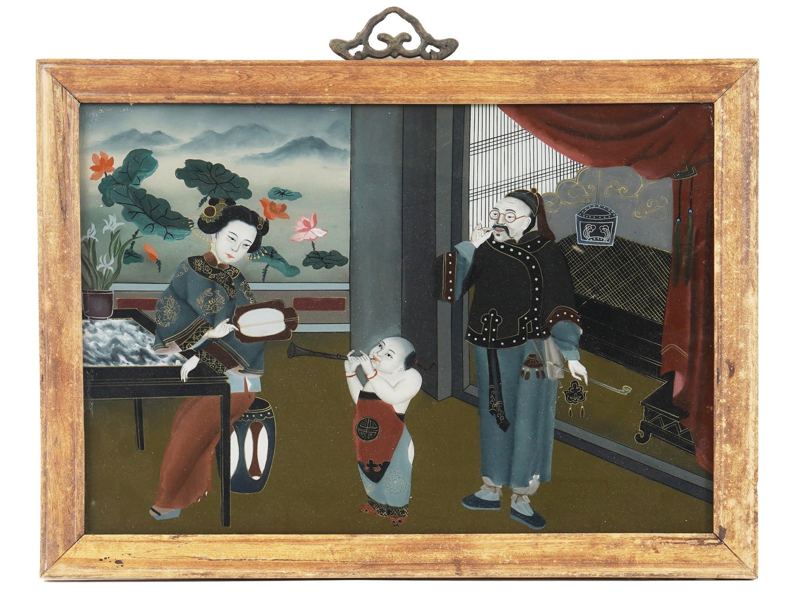ANTIQUE CHINESE REVERSE PAINTING ON GLASS: A rare antique Chinese reverse painting on glass with a detailed scene of figures in the interior. Comes in its original frame. Circa the mid-19th century. Reverse painting on glass is an art form con