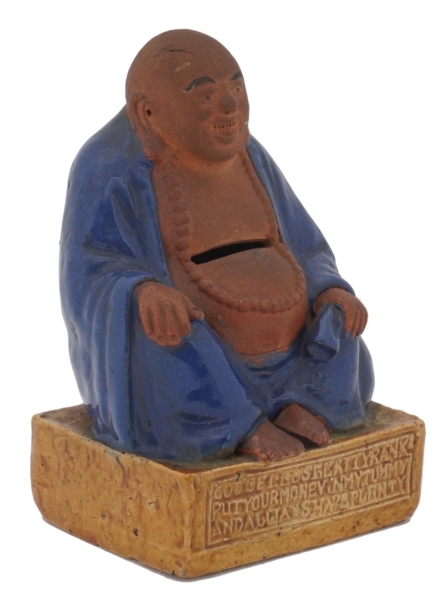 ANTIQUE CHINESE TERRACOTTA BUDDHA MONEY BANK: The antique money bank depicts a classical Chinese Buddha with a hole on the belly to drop the coins. Circa: early 20th century. Oriental Ceramic Home Decor Items. THIS LOT IS ELIGIBLE FOR A 3