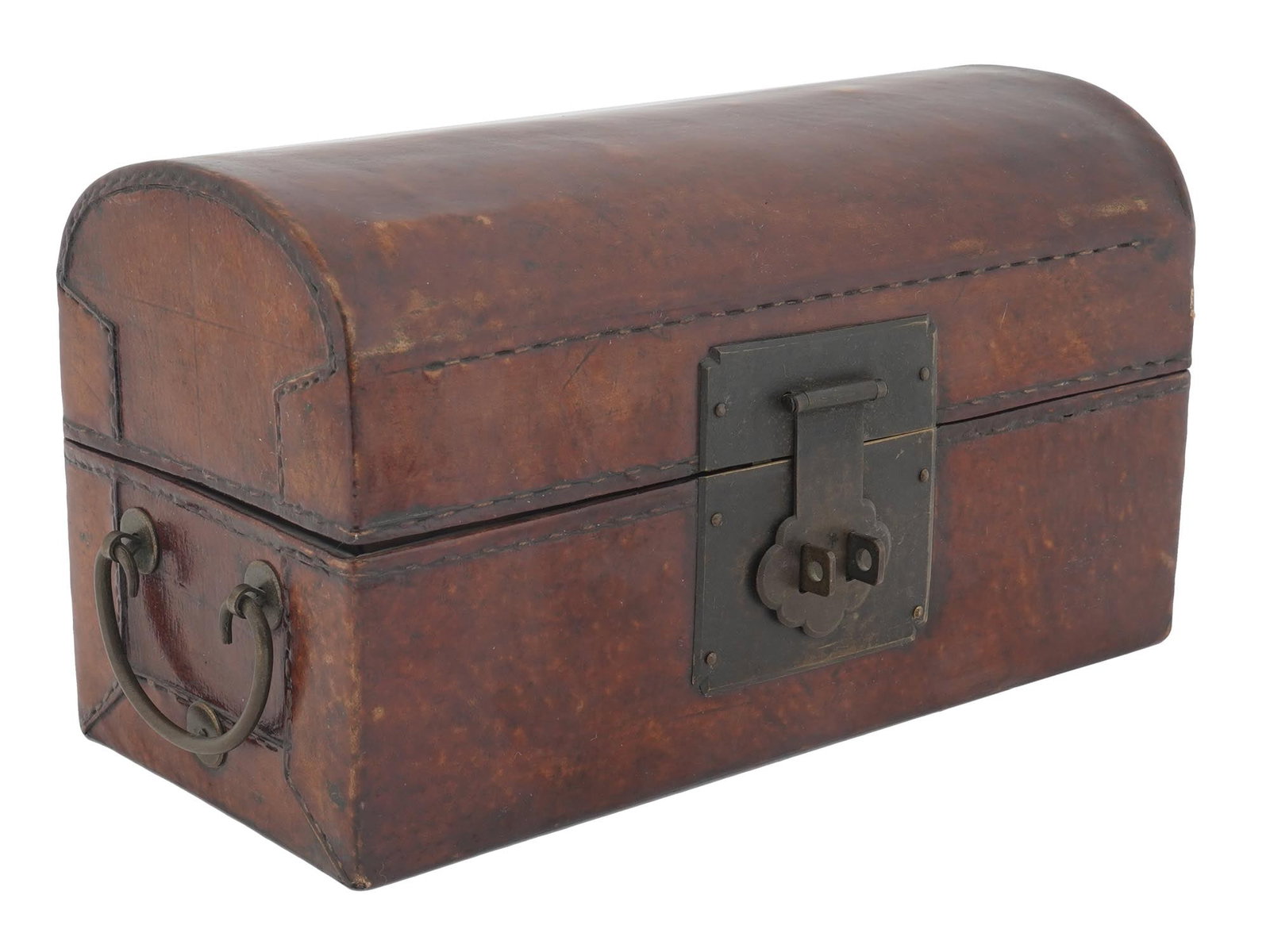 ANTIQUE CHINESE HAND MADE LEATHER TEA CADDY: Antique Chinese hand-crafted leather and wooden tea cady. The tea caddy is adorned with a pair of metal handles on the sides and a metal clasp on the front. Completed with a key. Circa: 19th century. 