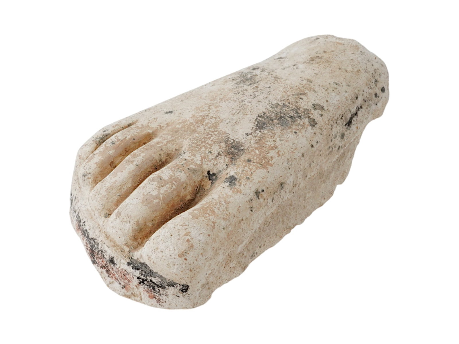 ANCIENT ROMAN EGYPTIAN CARVED STONE STATUE FRAGMENT: An Ancient Egyptian fragment of a stone sculpture. Roman Egypt era, ca. 30 BC to 100 AD. The piece represents a foot. Traces of paint. Historical Collectibles And Archaeological Relics, Sculpture.