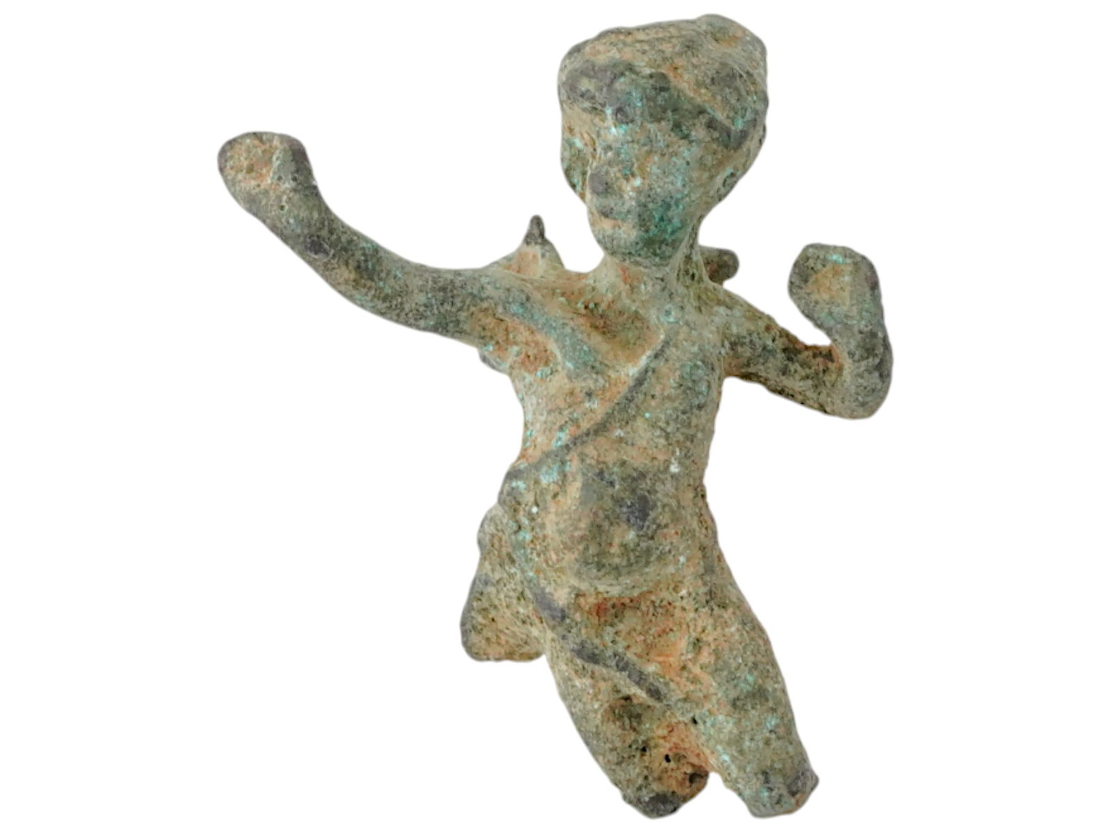 ANCIENT ROMAN BRONZE STATUETTE OF THE YOUNG GOD EROS: An ancient Roman bronze statuette of the young god Cupid, depicted in a graceful and lively stance. This cast figure captures the charm and delicate beauty of the Roman god of love, with well?defined