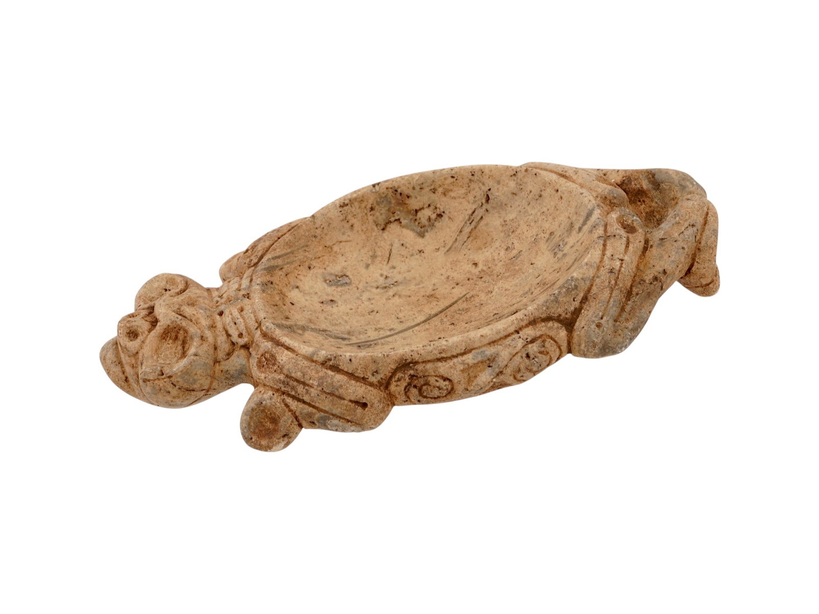 ANCIENT PRE COLUMBIAN TAINO COHOBA SNUFFING VESSEL: An ancient Pre-Columbian Taino carved stone cohoba snuffing vessel, or effigy bowl. Used in sacred cohoba ceremonies by shamans and chiefs to induce trance states and communicate with the spirit world