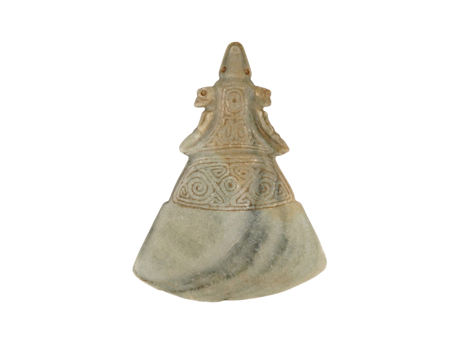 ANCIENT PRE COLUMBIAN TAINO CARVED STONE AX W FIGURES: An ancient Pre Columbian Taino ceremonial axe, or celt, carved from a stone, featuring a broad, flared blade that tapers toward an intricately decorated poll. The upper portion is sculpted with two in