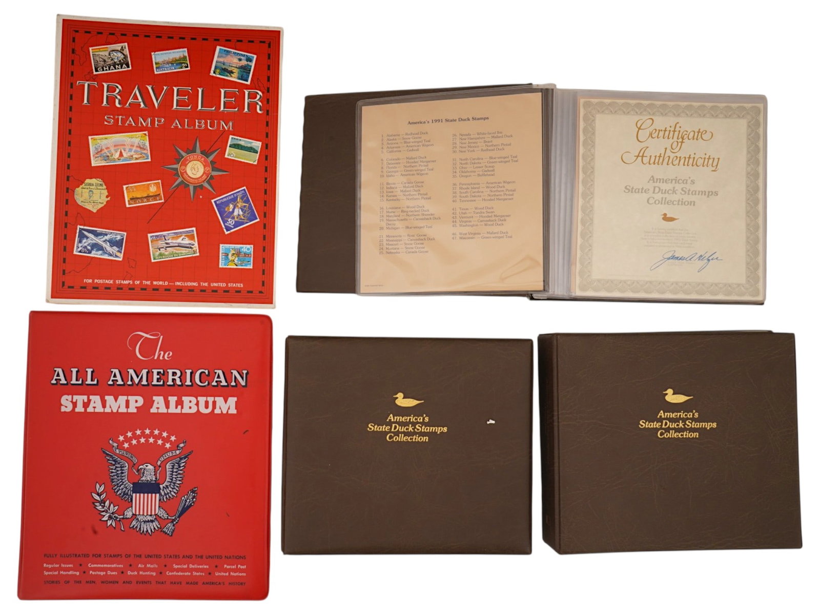 COLLECTION OF VINTAGE PHILATELIC MATERIALS STAMP ALBUMS: A collection of vintage philatelic materials highlighted by the multi-volume Americas State Duck Stamps Collection, accompanied by classic H.E. Harris stamp albums. The grouping includes presentation 