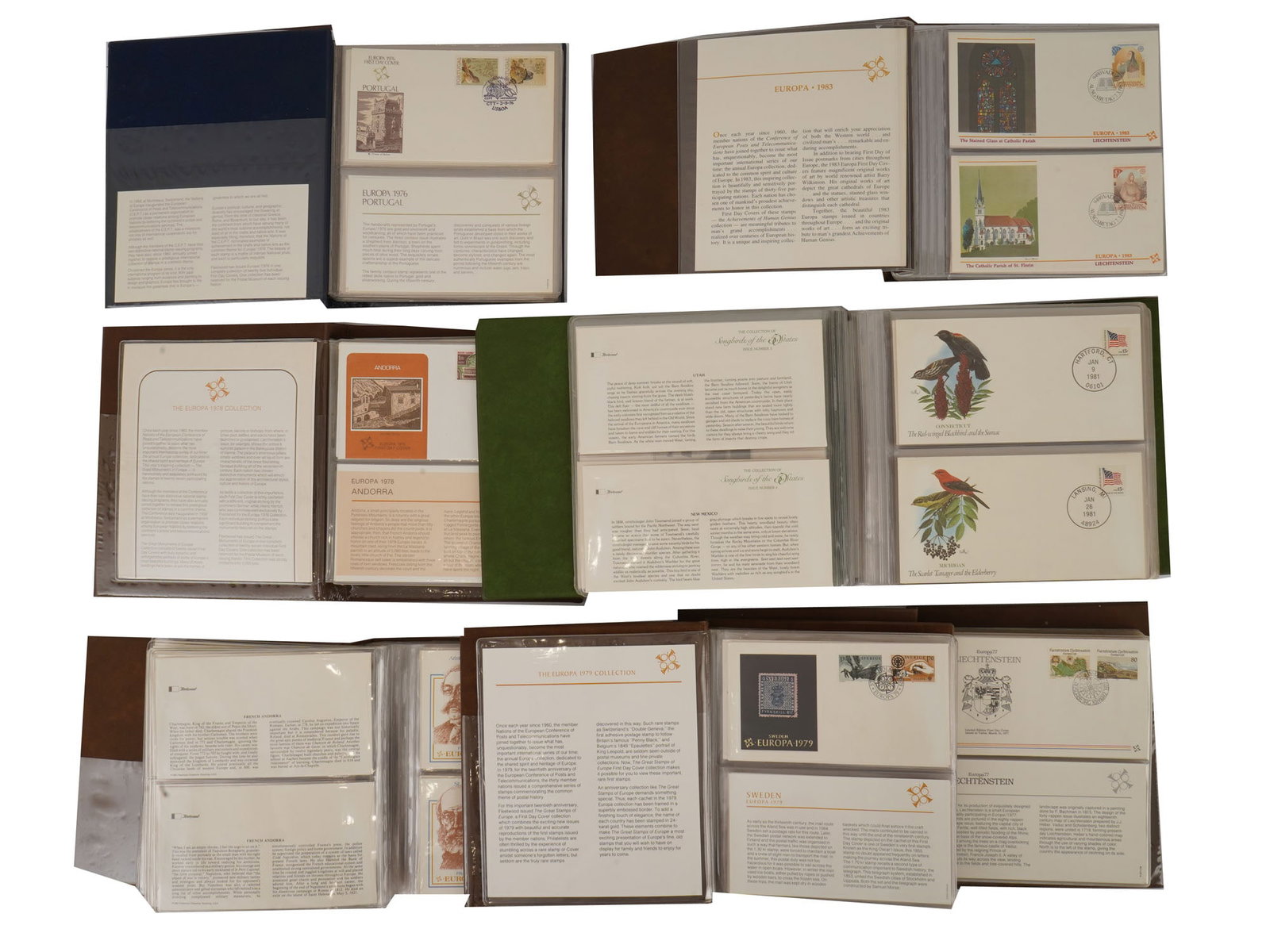 EUROPEAN COMMEMORATIVE STAMP ALBUMS W STAMPS: A lot of seven European commemorative stamp albums, each featuring a curated selection of international postage stamps accompanied by printed historical and contextual information. The collection incl