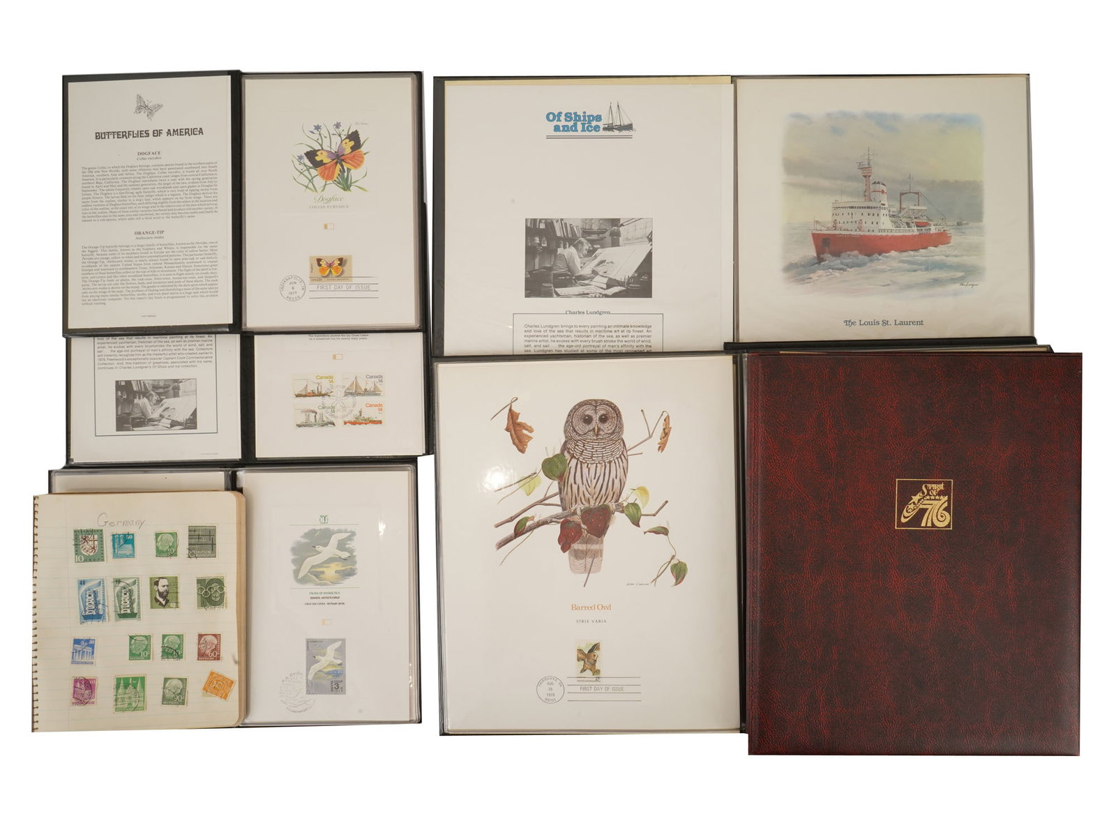 COLLECTION OF VINTAGE AMERICAN STAMP ALBUMS: A collection of vintage American stamp albums, including those dedicated to history and nature. The lot includes the albums: Butterflies of America, Of Ships and Ice, The Revolutions and Most Memorabl