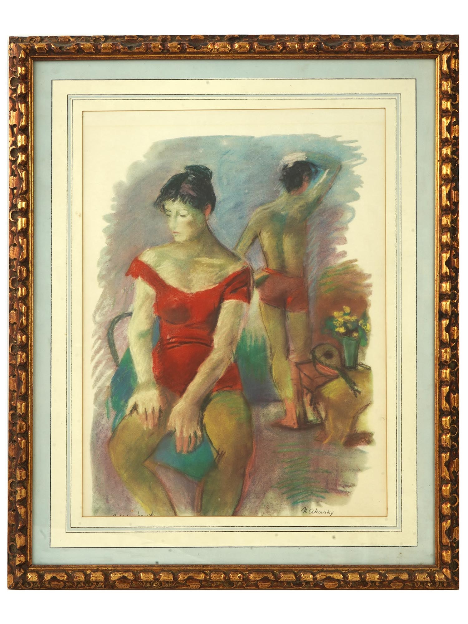 LTD RUSSIAN LITHOGRAPH BY NICOLAI CIKOVSKY SIGNED: Nicolai S. Nicola Cikovsky, Russian, American, 1894 to 1984, color lithograph on paper, Two Dancers. Signed in pencil, lower right. Probably inscribed, Artist Proof, lower left. Framed. Nicolai
