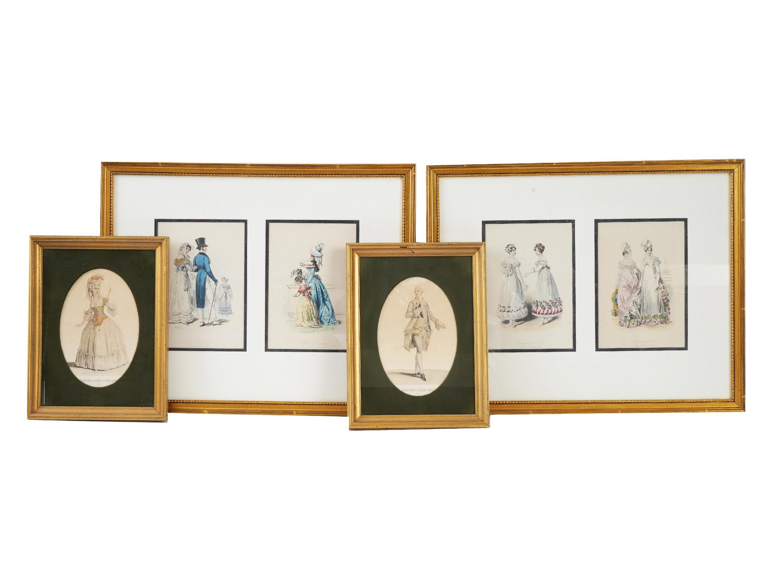ANTIQUE 19TH C FRENCH FASHION COLOR LITHOGRAPHS: A lot of antique 19th-century French color lithographs. A total of 6 items. A pair of prints depicting full-length portraits of a man and woman, titled Costume sous Louis XVI, Fashion in the Era of Lo