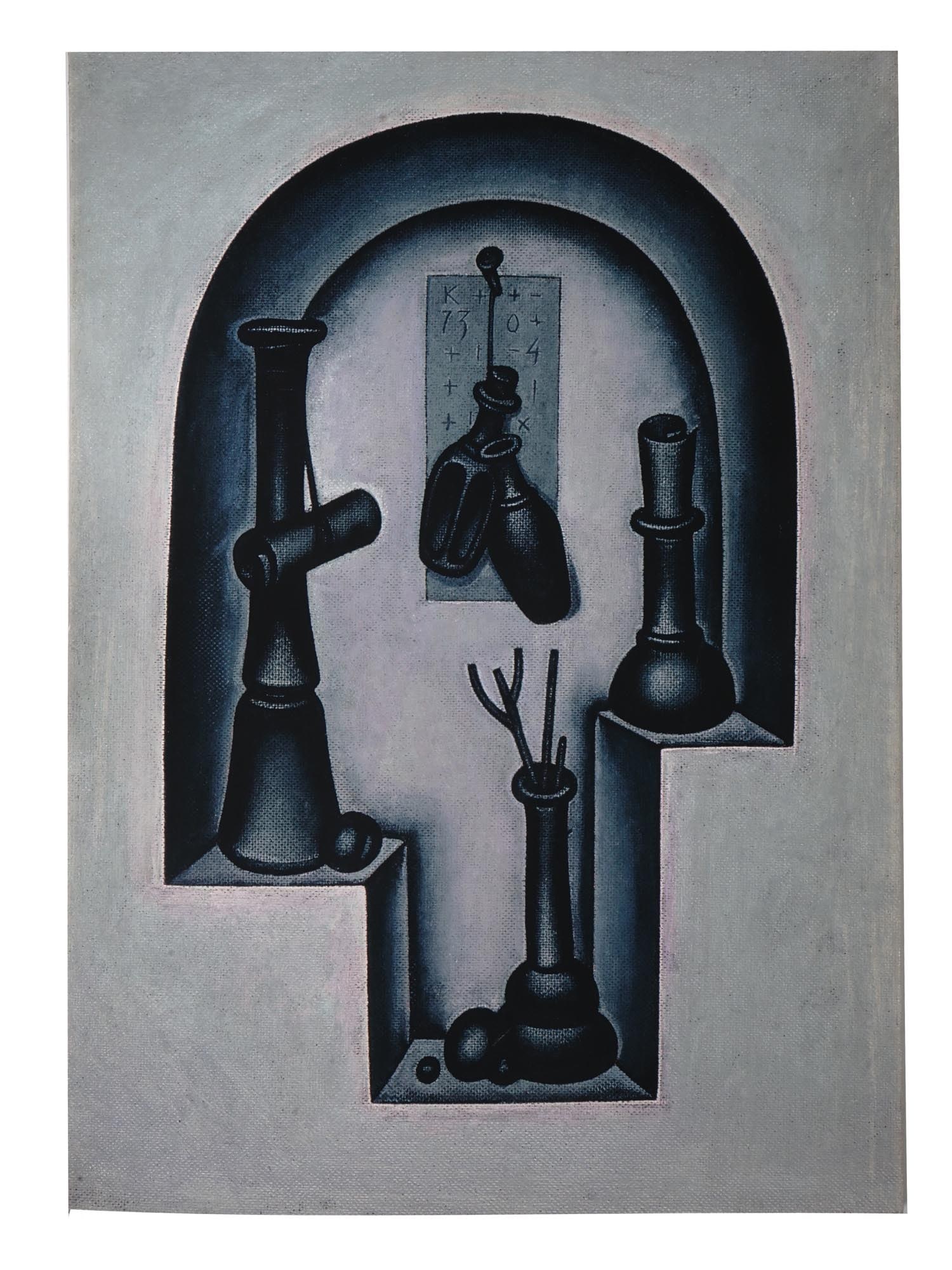 RUSSIAN GICLEE PRINT ON CANVAS BY KRASNOPEVTSEV: A giclee print on canvas depicting a Cubist still life with bottles and other objects in a niche, 1973, after Dimitri Mikhailovich Krasnopevtsev, Russian Soviet, 1925 to 1995. Signed and dated in the 