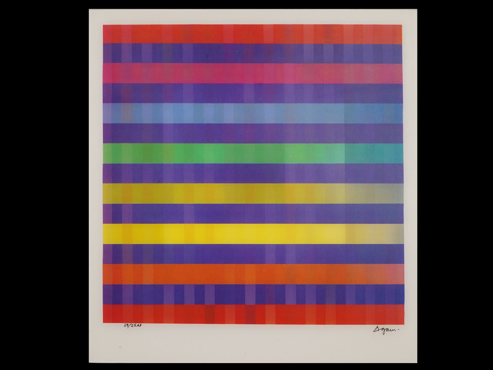 LTD JUDAICA OP ART HOLOGRAM AGAMOGRAPH BY YAACOV AGAM: Yaacov Gibstein Agam, Israeli Jewish, French, American, born 1928, a limited edition Agamagram Hologram depicting an abstract composition. Signed lower right. Numbered 24 of 25, and inscribed, A. P. A