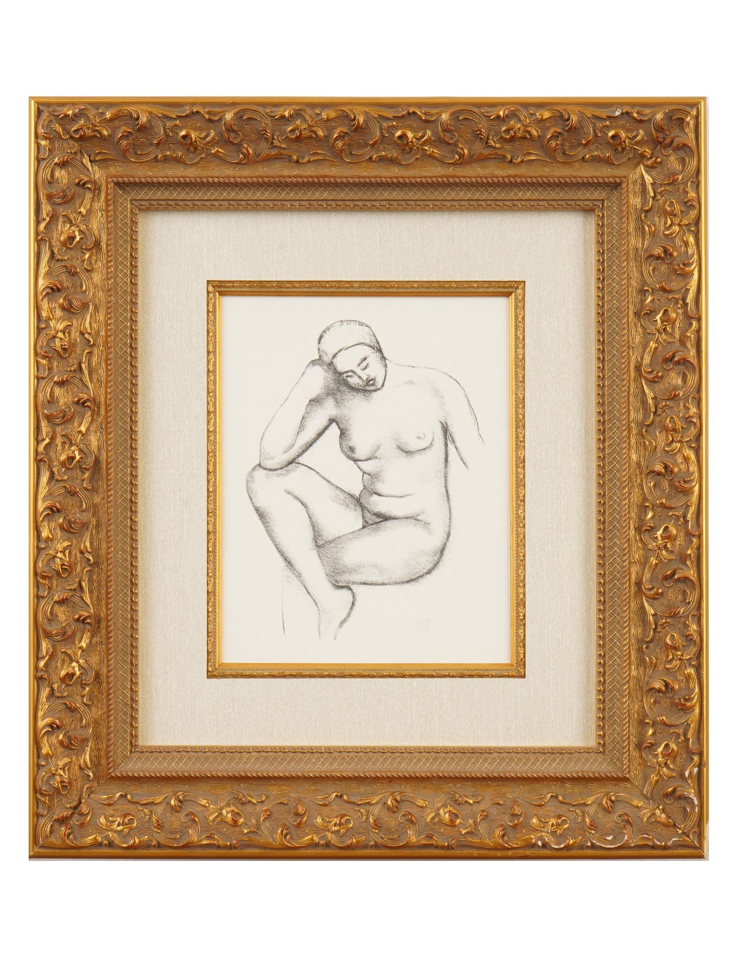 VINTAGE FRENCH LITHOGRAPH BY ARISTIDE MAILLOL 1960S: A vintage lithograph on paper by the French artist Aristide Maillol, 1861 to 1944. The artwork depicts a seated nude female portrait. Inscribed on the back. Date circa 1960s. Framed. Graphic Art Print