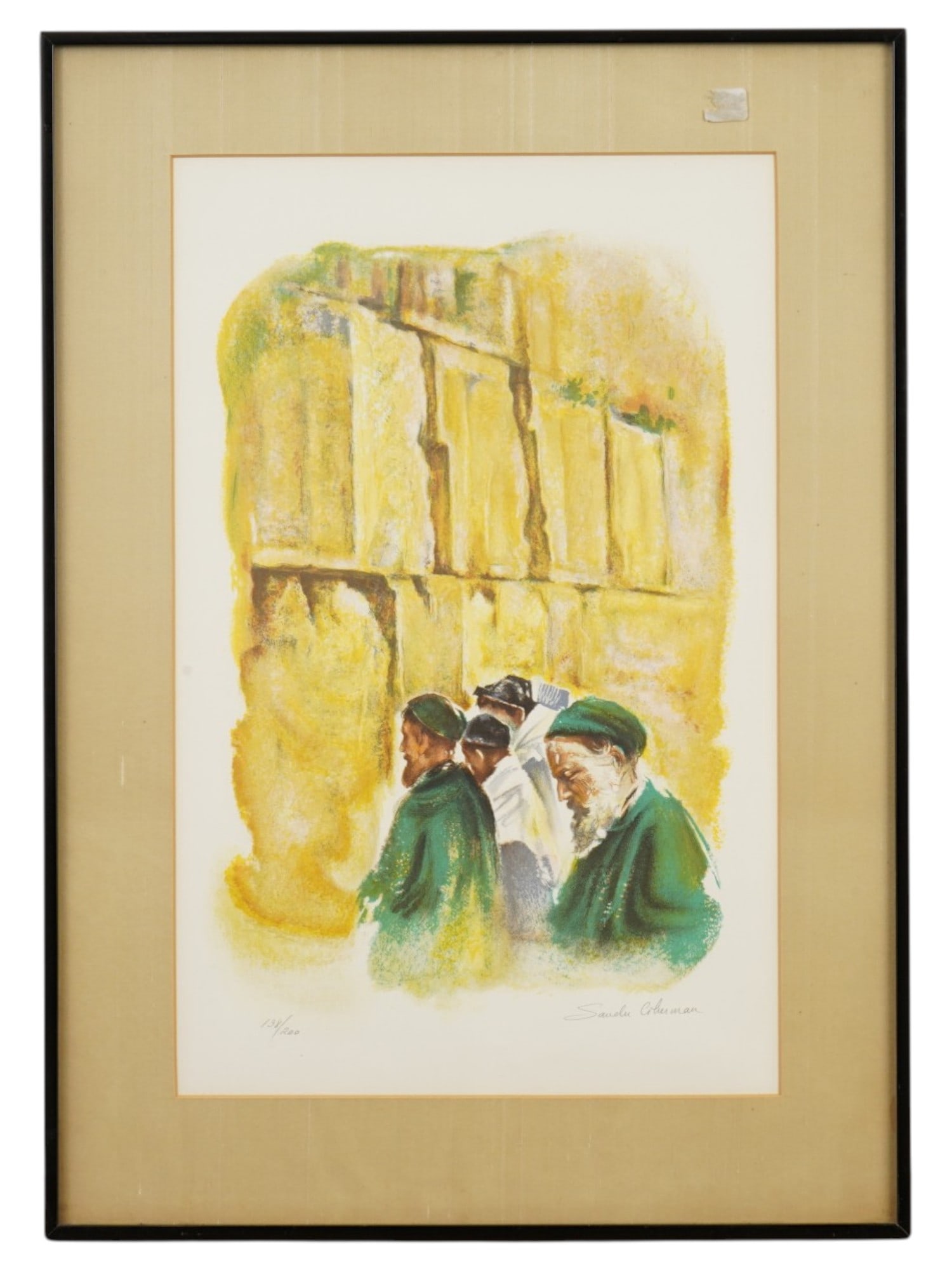 SANDU LIBERMAN LIMITED EDITION COLOR LITHOGRAPH: Sandu Liberman, 1923 to 1977, Romanian, Israeli, limited edition color lithograph by the artist, titled At the Wall II. The artwork depicts a group of Orthodox Jewish men praying at the Western Wall i