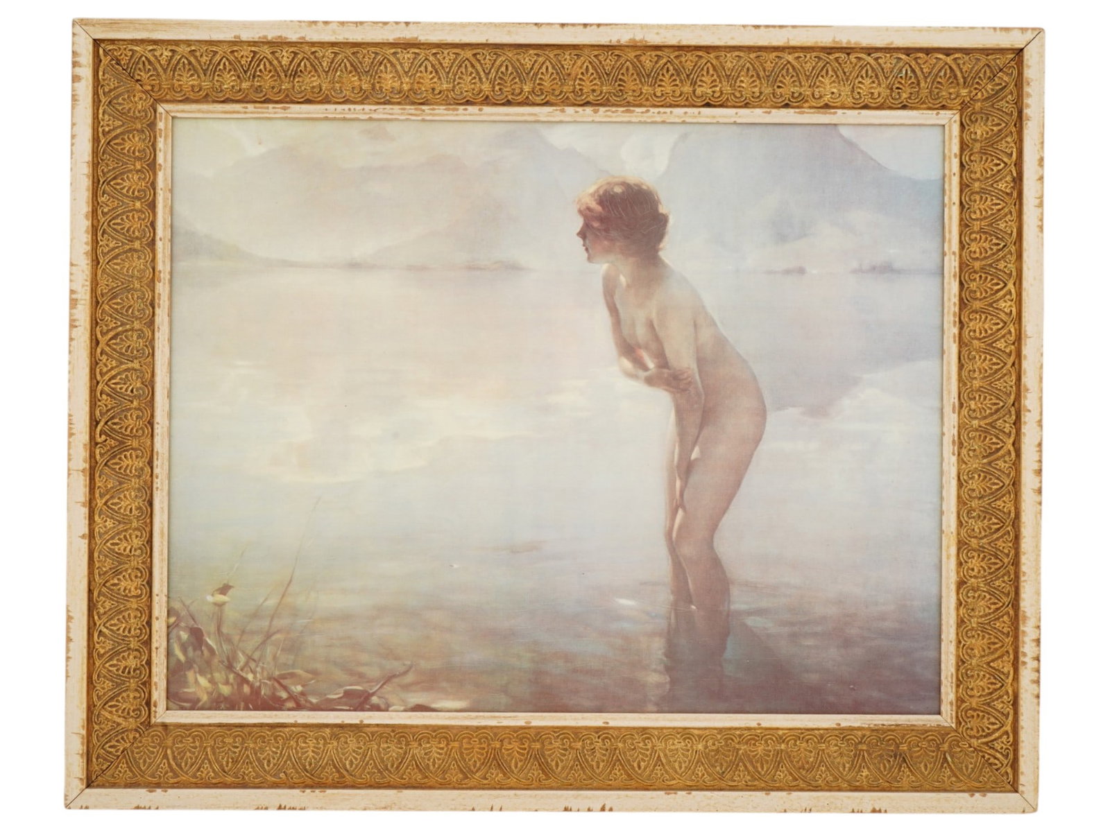 NUDE COLOR PRINT ON CANVAS AFTER PAUL EMILE CHABAS: A color print on canvas after the original oil painting on canvas, September Morning, 1912 by French artist Paul Emile Chabas. Framed. The original painting was first presented at the Paris Salon. The