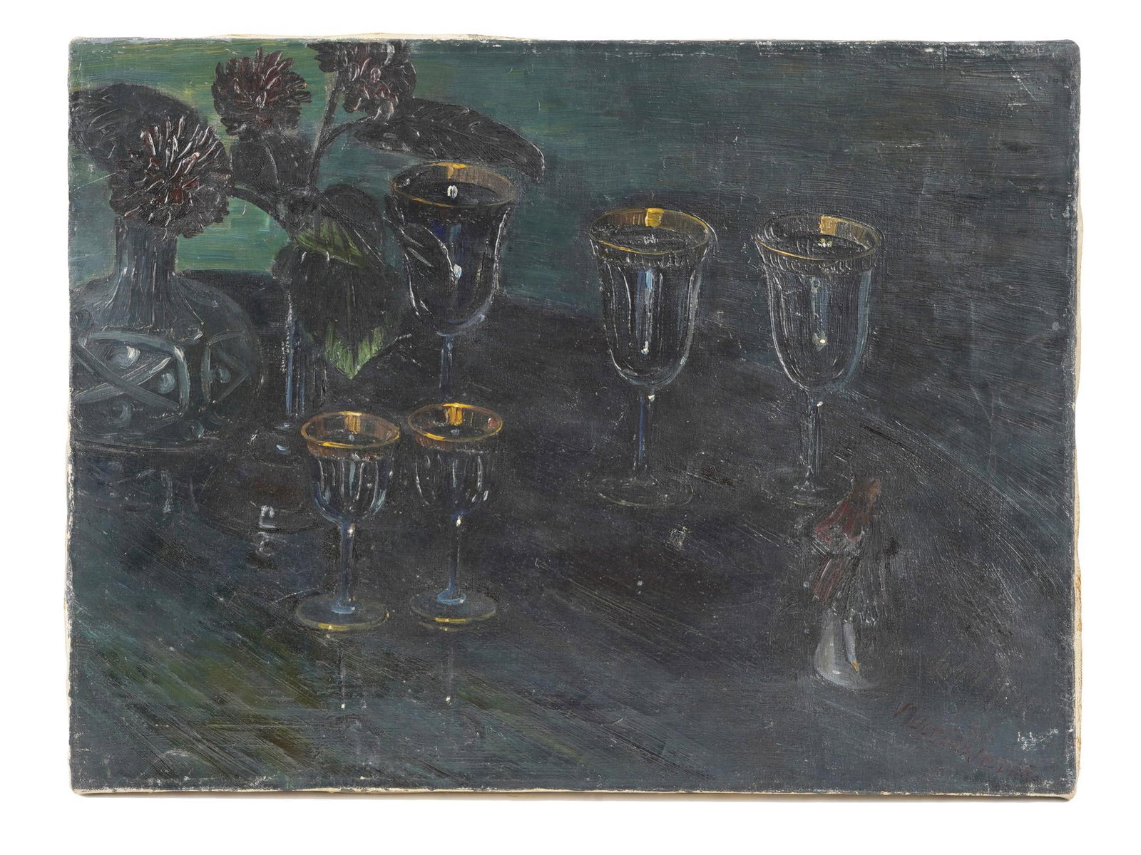 STILL LIFE PAINTING SIGNED JOHN MUIR MUCCIARIELLO: Oil on canvas painting. American, mid-20th century. The artwork represents a still life composition with wine glasses and flowers in dark color palette. Signed by the artist in the lower right, John M