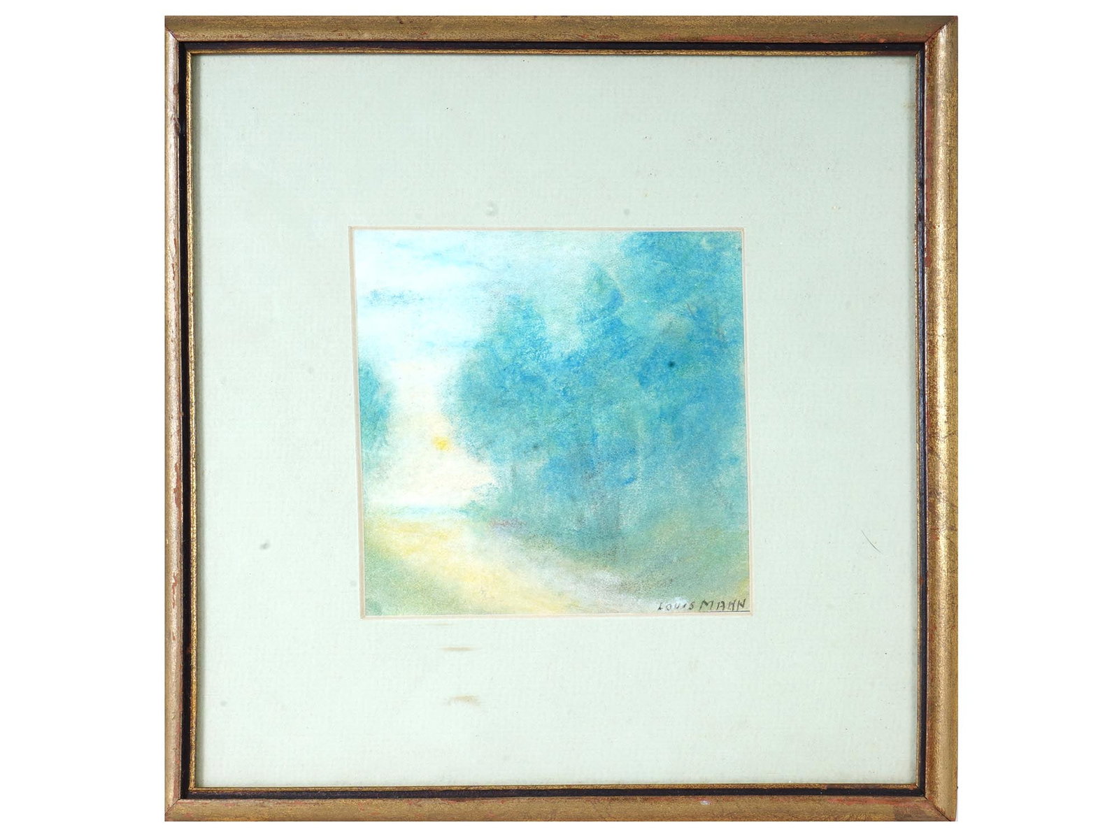 AMERICAN LANDSCAPE PASTEL PAINTING BY LOUIS MANN: Pastel on paper painting. American, mid to late 20th century. The artwork depicts a forest path. Signed by the artist in the lower right, Louis Mann. White mat, golden frame. Collectible Graphic Art A
