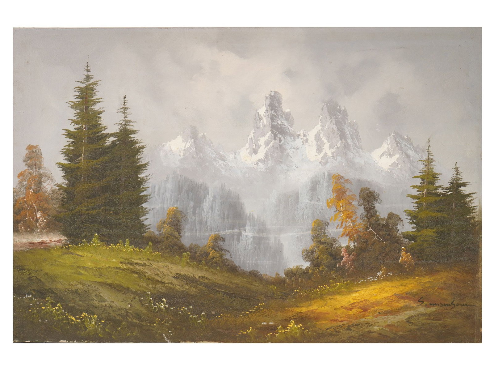 OIL MOUNTAIN LANDSCAPE PAINTING SIGNED: An oil on canvas landscape painting. The artwork features a scenic mountain landscape with snow-capped peaks, evergreen trees, and autumn foliage. Signed lower right. Framed. Stamped on the back side.