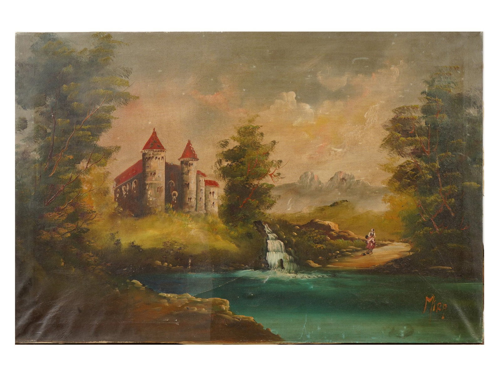 EUROPEAN LANDSCAPE OIL PAINTING SIGNED MIRA: An oil painting on canvas depicts an expansive European landscape centered on a multi-turreted castle with distinctive red conical roofs. To the right of the architectural structure, a small waterfall