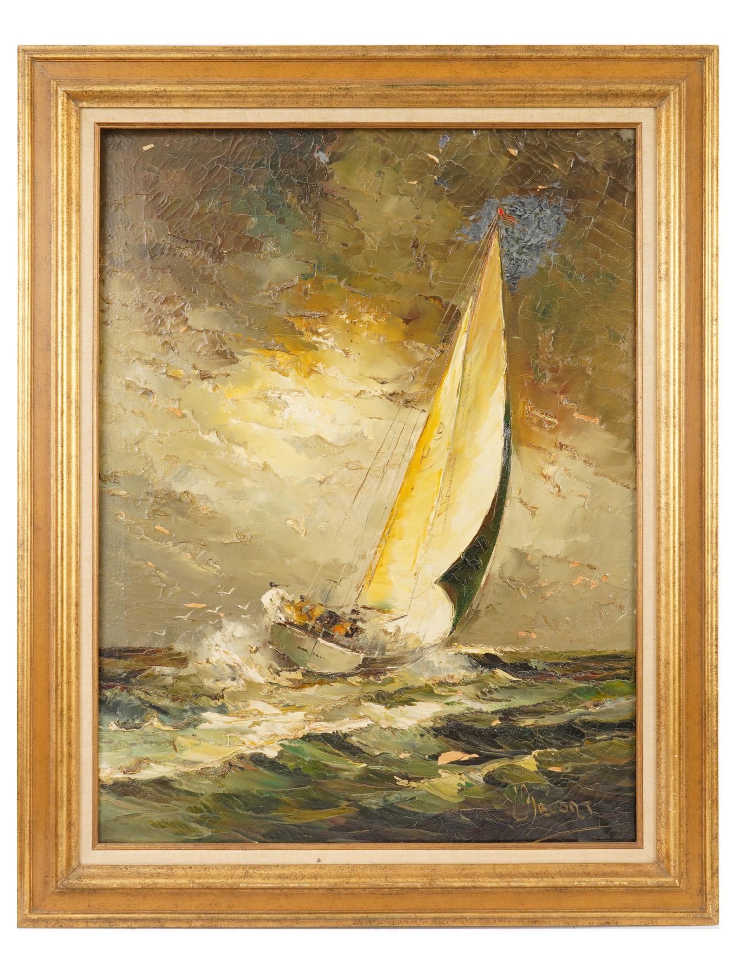 JAN BEVORT DUTCH MARINE LANDSCAPE OIL PAINTING: Jan or Johannes Hubertus Hendrikus Bevort, Dutch, 1917 to 1996, oil painting on canvas. The artwork depicts a sailing ship at rough sea. Executed with the use of the palette knife. Impasto technique. 