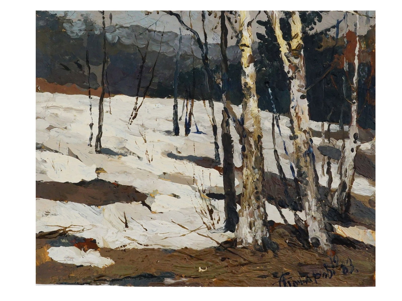 GOCHAROV ABSTRACT WINTER LANDSCAPE OIL ON CARDBOARD PAINTING: A heavily textured, highly expressive oil on cardboard by Russian artist A. Gocharov. Executed in 1983, the painting utilizes aggressive palette-knife work to build a thick, nearly abstract compositio