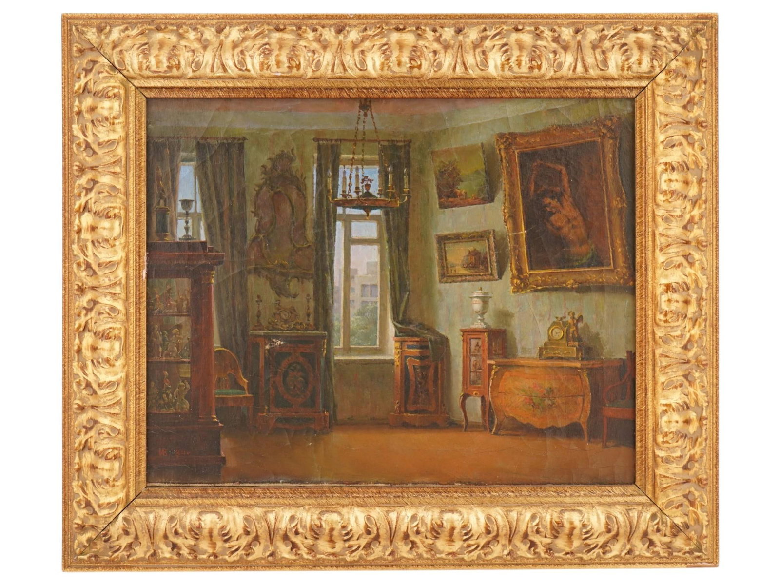 RUSSIAN INTERIOR OIL PAINTING BY IVAN P VASILIEV: Ivan P. Vasiliev, Russian, born 1930, an oil painting on canvas, Living Room, 1984. Signed with monogram and dated, lower left. Framed. Inscribed, Paper attached said Joseph Brodsky lived in this hous