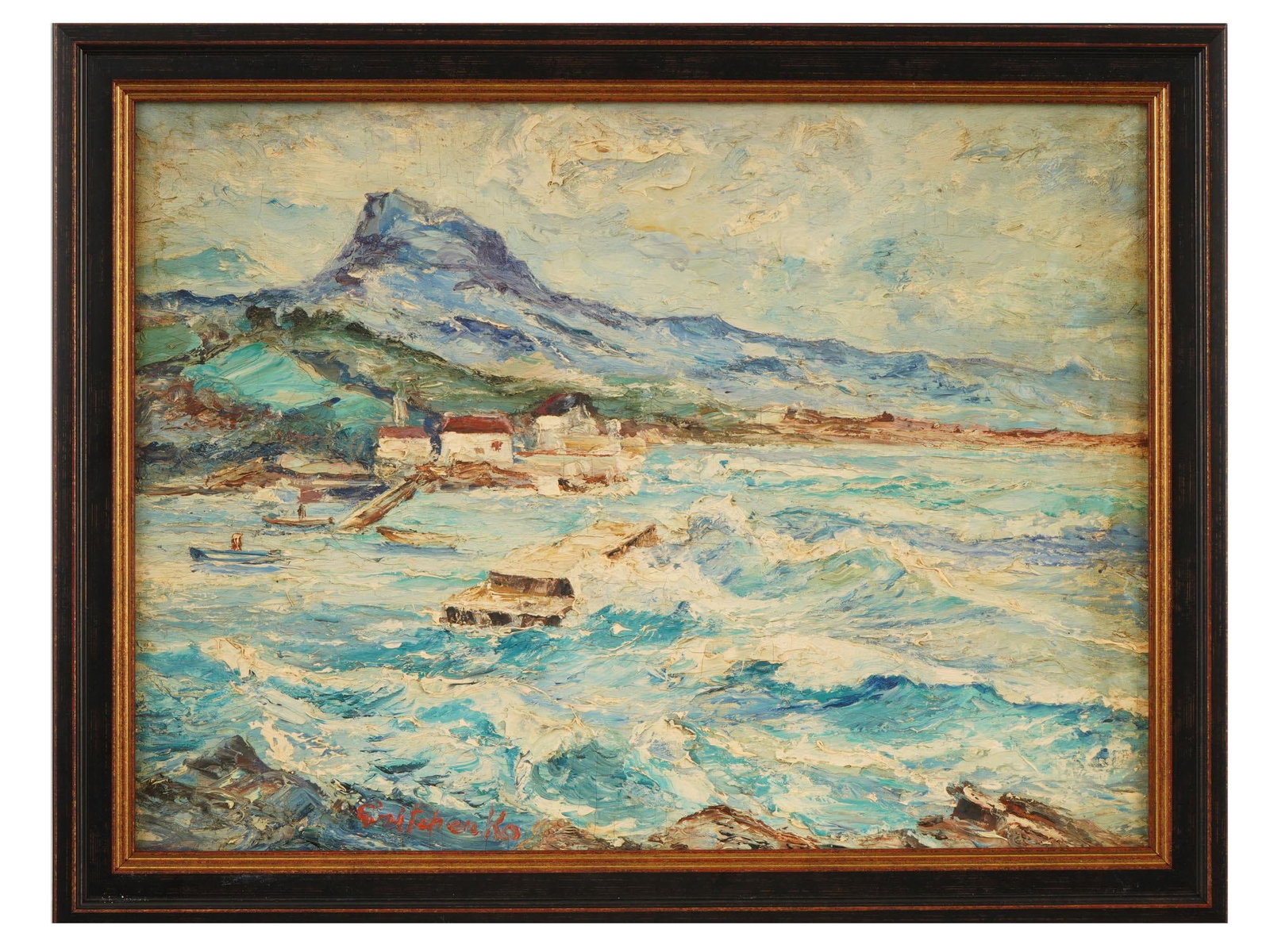 MODERNIST SEASCAPE OIL PAINTING SIGNED GRITCHENKO: An oil painting on canvas mounted on board depicting a coastal seascape view. Signed, Gritchenko, lower left. Framed. Oleksiy Vasilyevich Grishchenko or Gritchenko, 1883 to 1977, was a Ukrainian paint